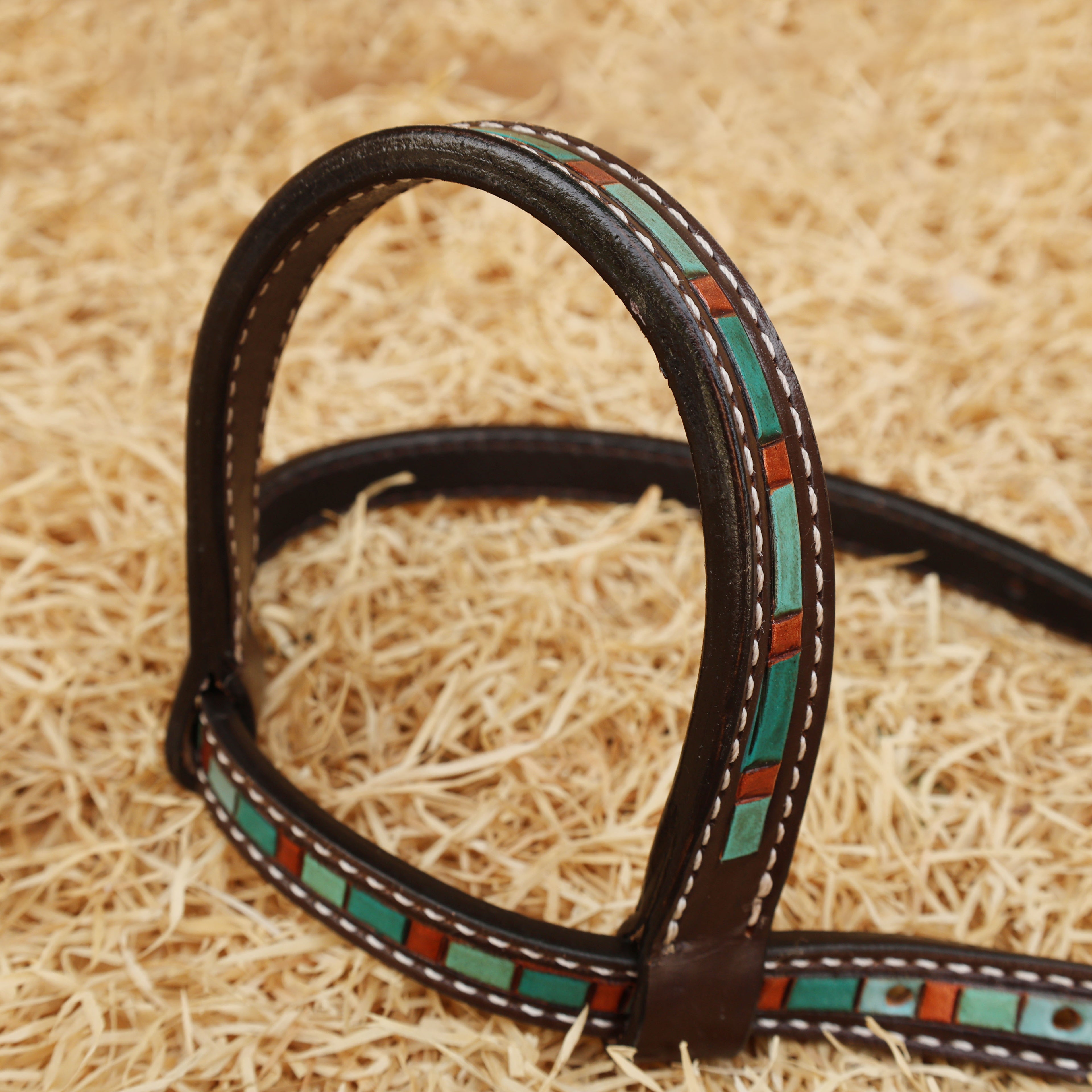 MOUSM Western Headstall and Breast Collar Set - Decorated with Sunflower Carving, Turquoise Flower Hardware & Striped Tooled Design