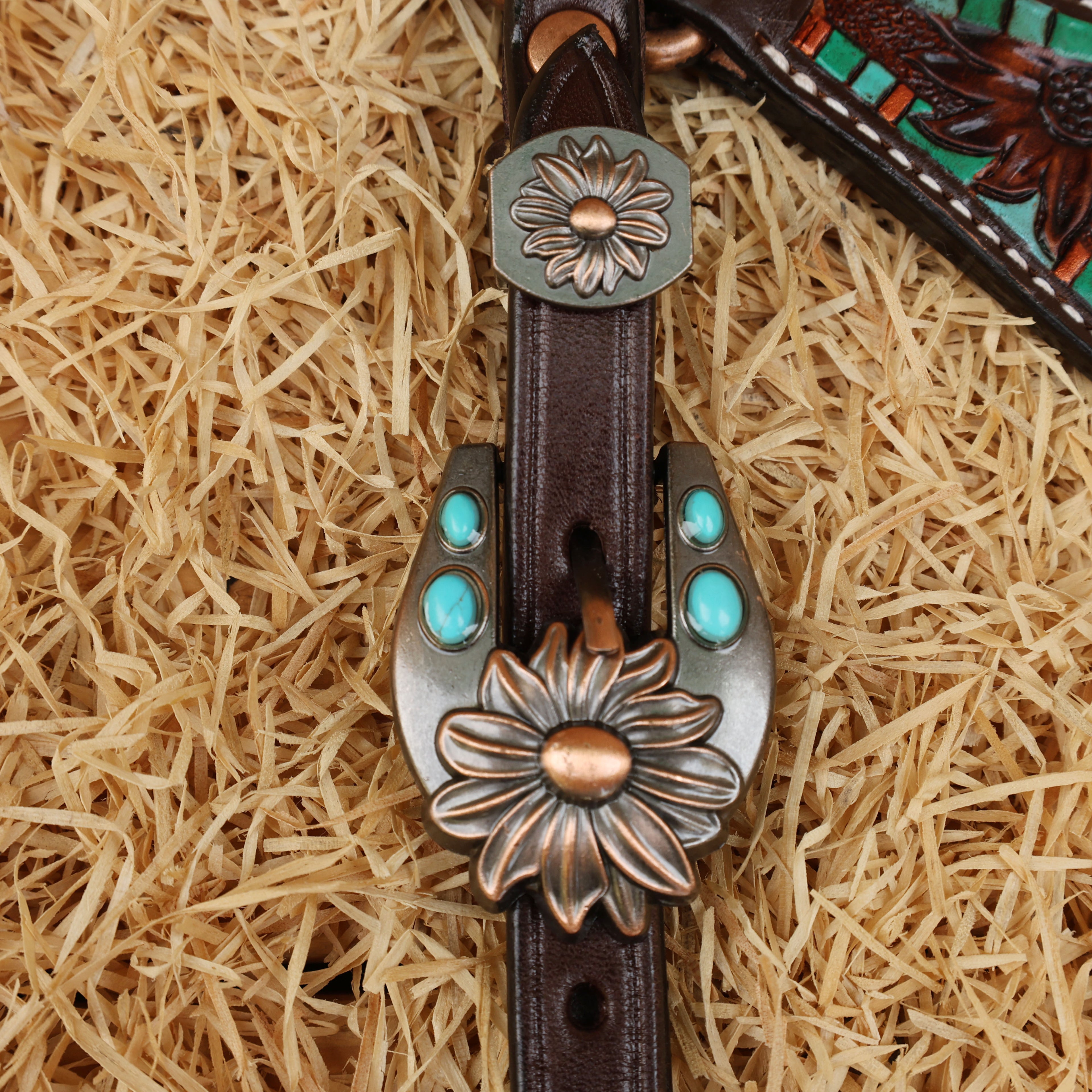MOUSM Western Headstall and Breast Collar Set - Decorated with Sunflower Carving, Turquoise Flower Hardware & Striped Tooled Design