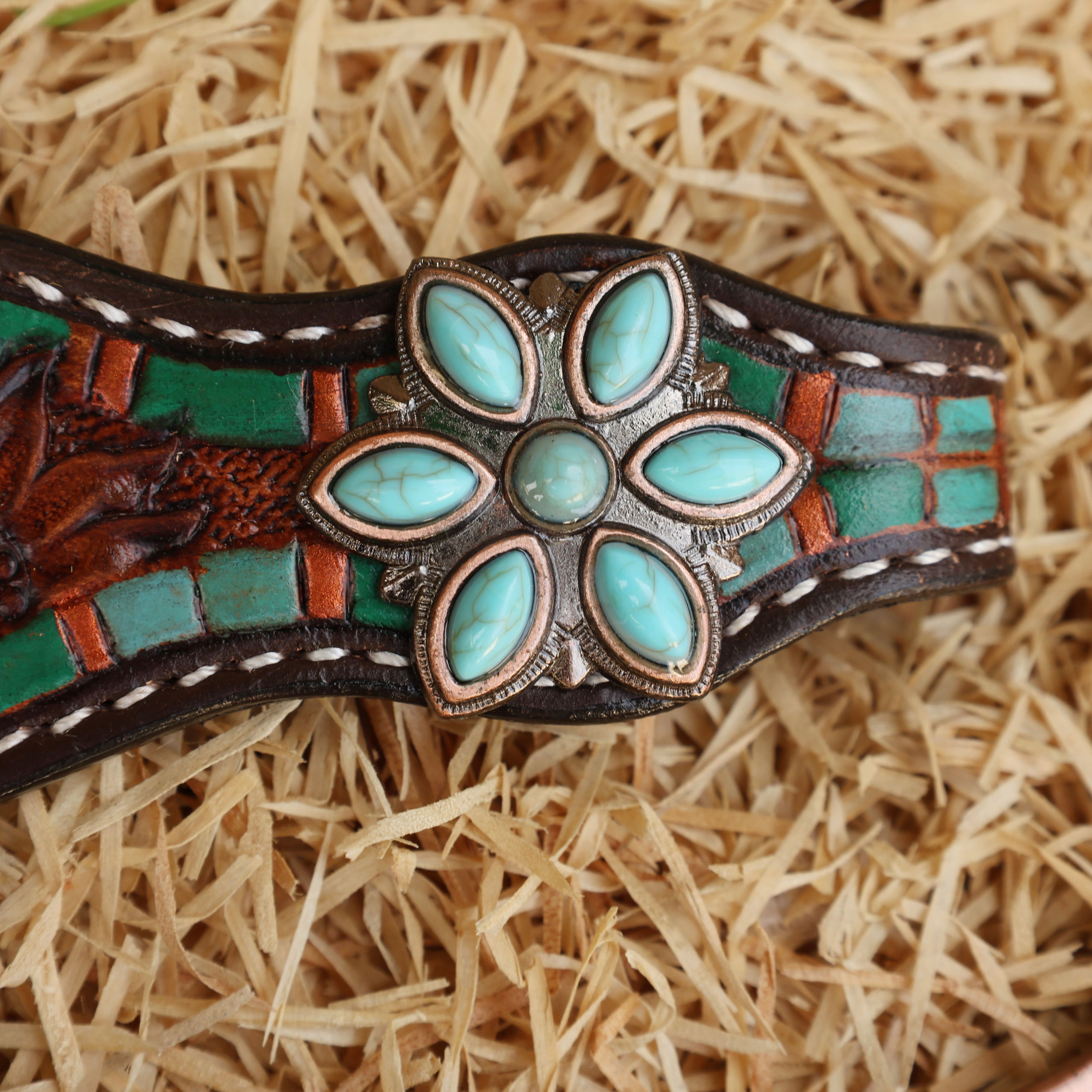 MOUSM Western Headstall and Breast Collar Set - Decorated with Sunflower Carving, Turquoise Flower Hardware & Striped Tooled Design