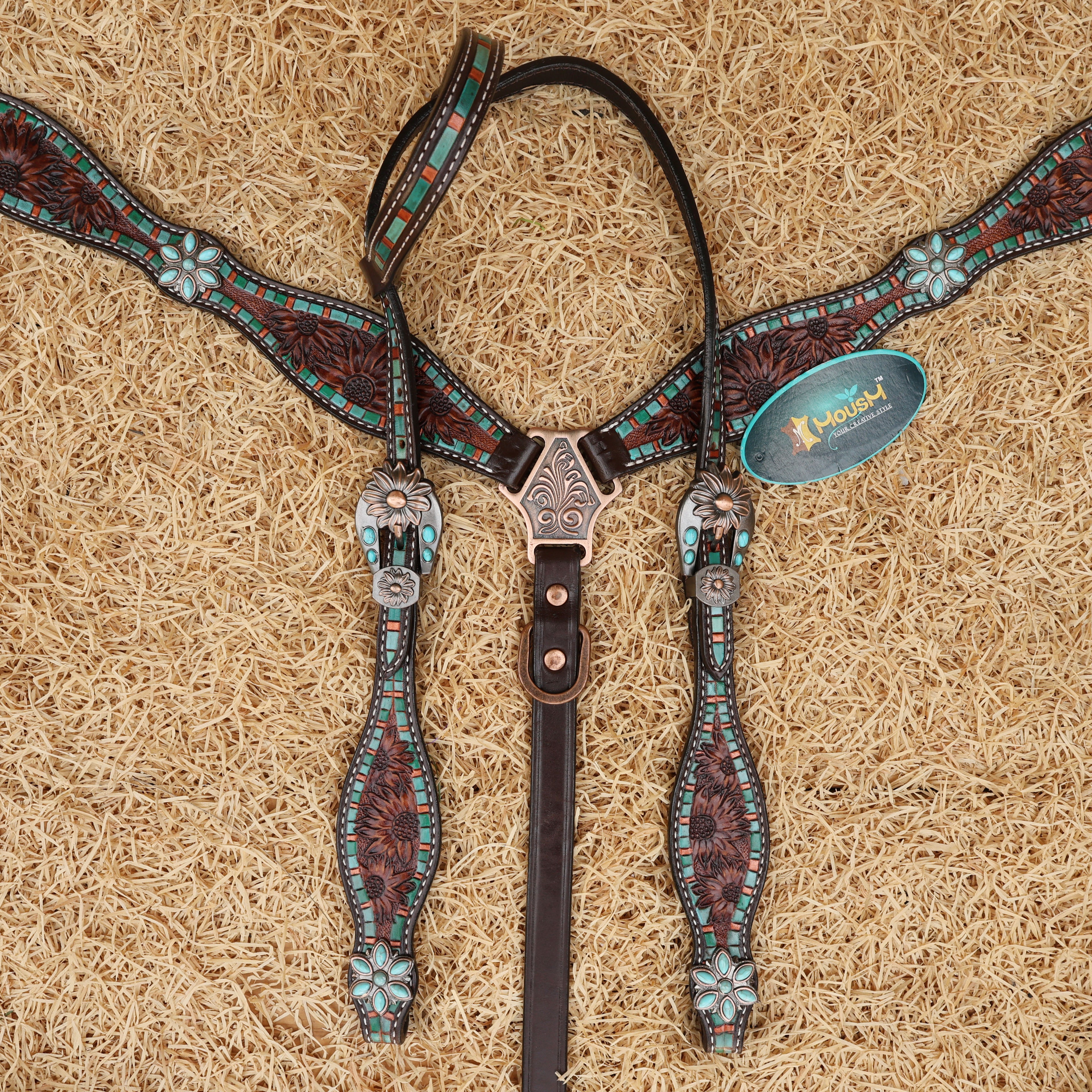 MOUSM Western Headstall and Breast Collar Set - Decorated with Sunflower Carving, Turquoise Flower Hardware & Striped Tooled Design