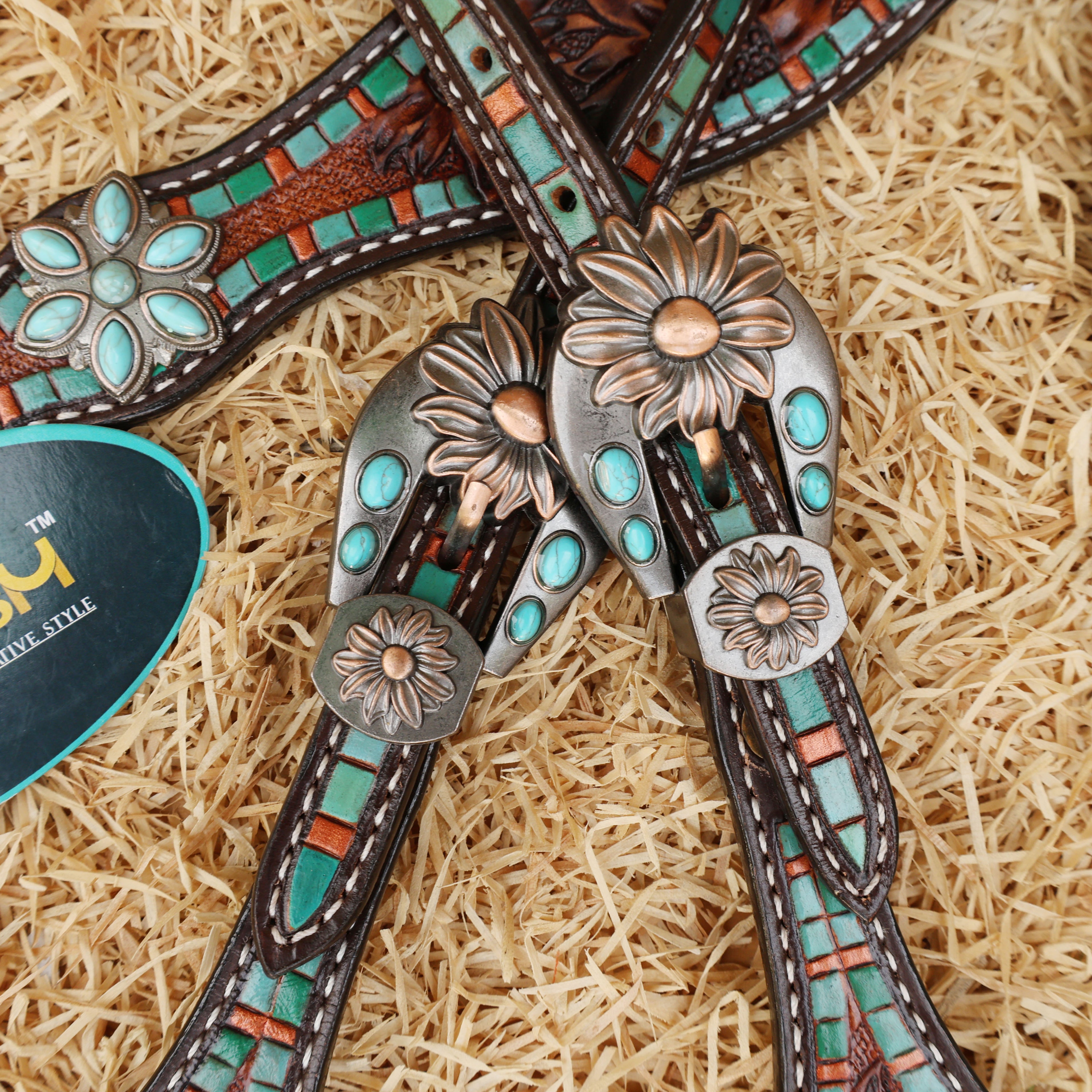 MOUSM Western Headstall and Breast Collar Set - Decorated with Sunflower Carving, Turquoise Flower Hardware & Striped Tooled Design