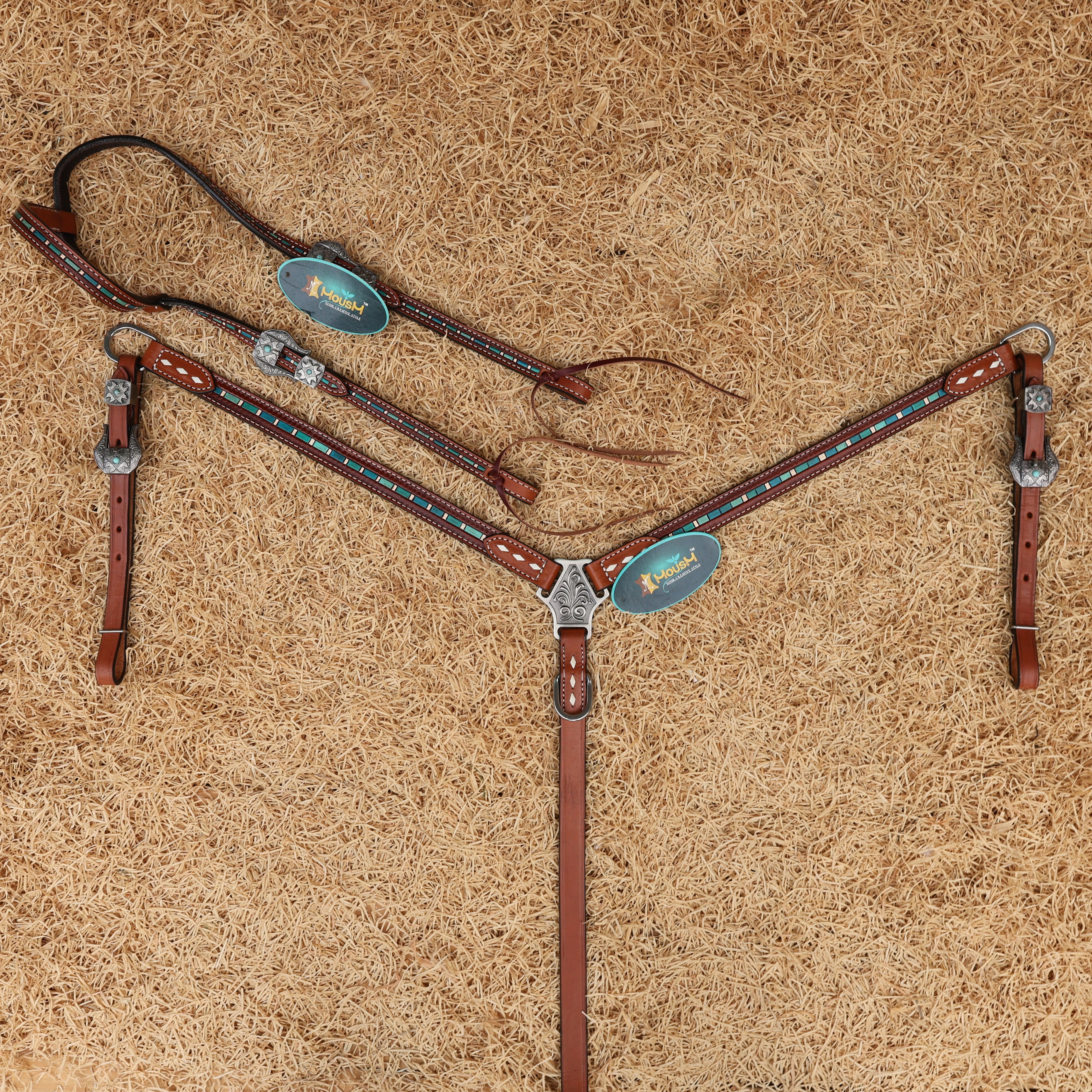 MOUSM Western Leather Headstall and Breast Collar Set – Decorated with Hand-Striped Tooled with Turquoise Coloring & Buck Stitching