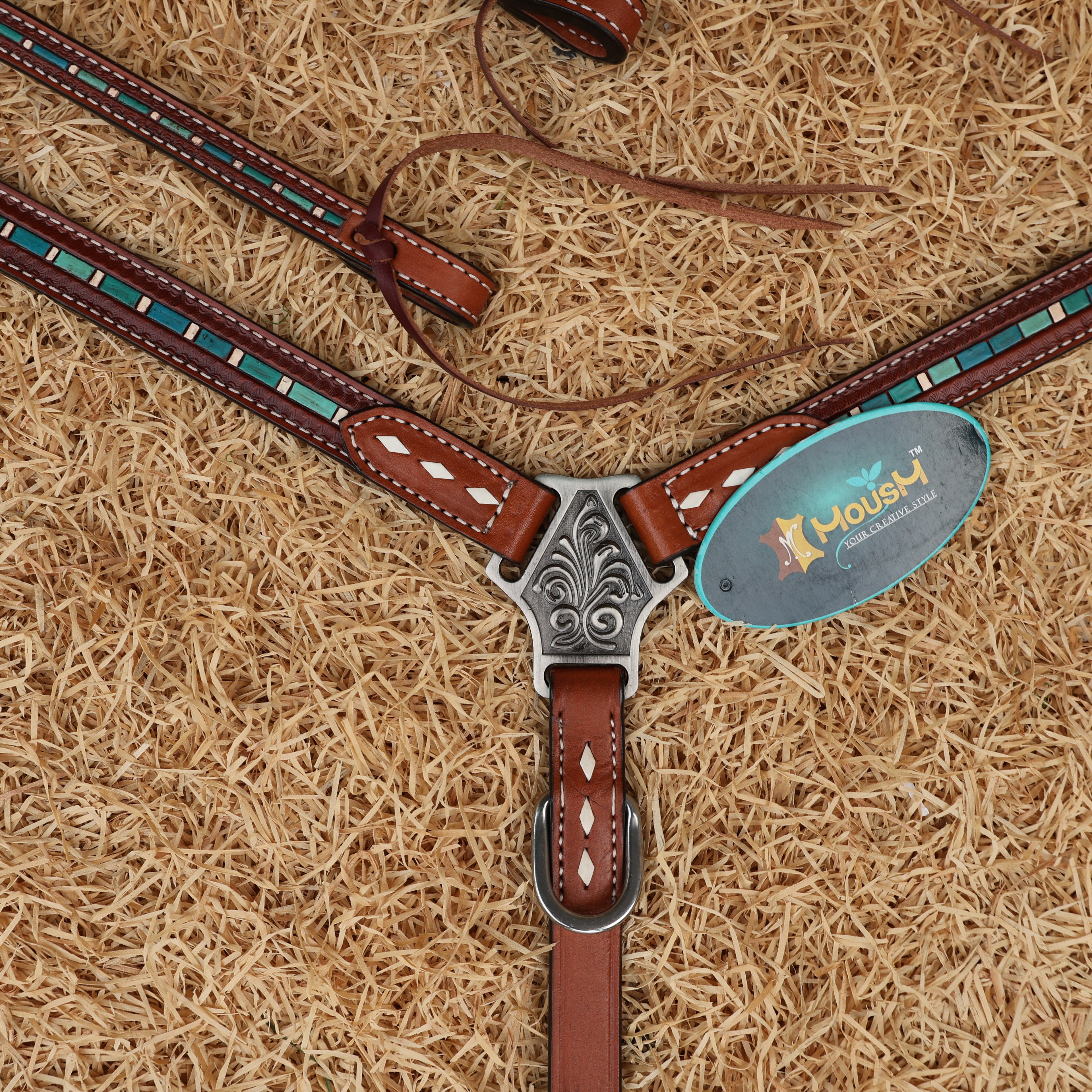 MOUSM Western Leather Headstall and Breast Collar Set – Decorated with Hand-Striped Tooled with Turquoise Coloring & Buck Stitching