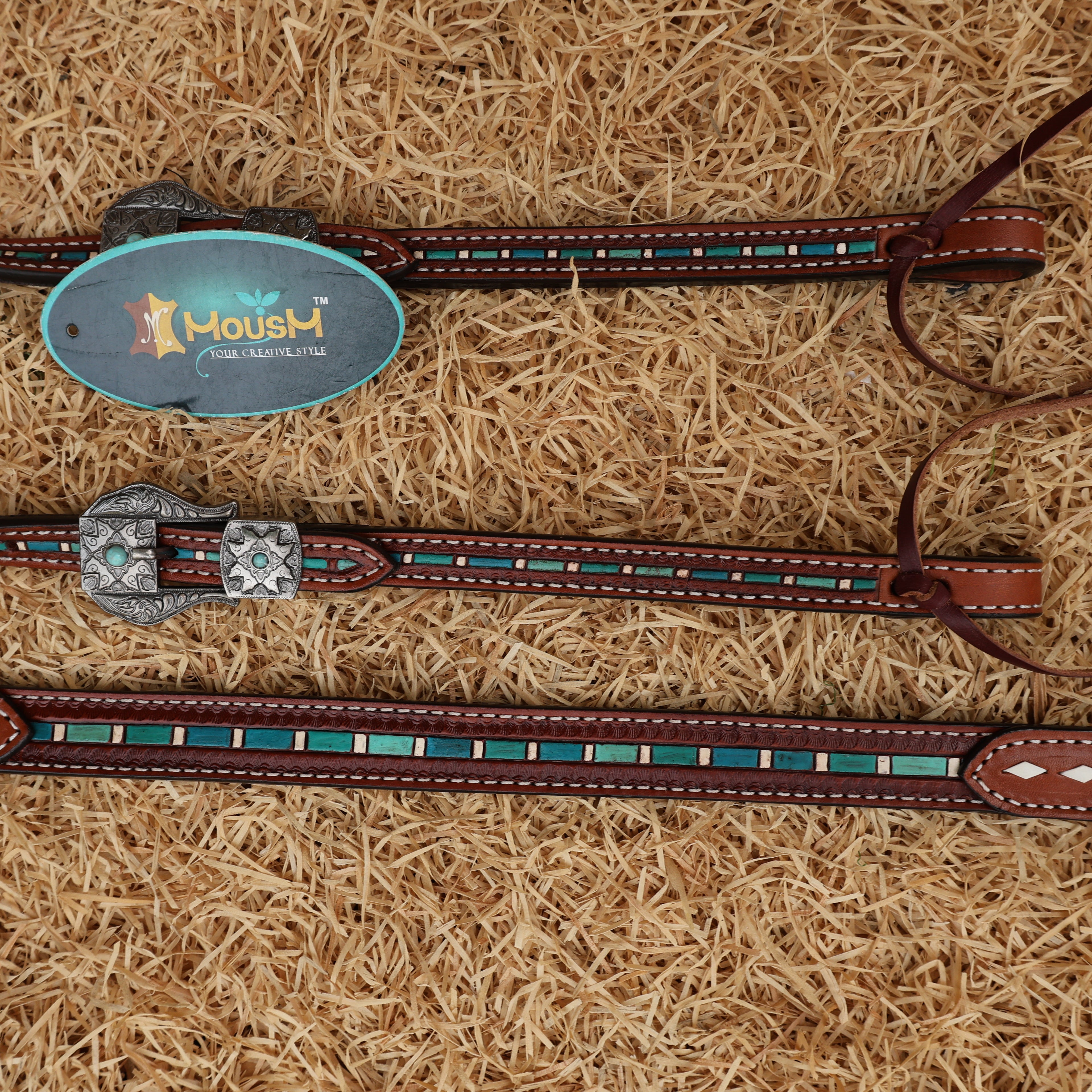 MOUSM Western Leather Headstall and Breast Collar Set – Decorated with Hand-Striped Tooled with Turquoise Coloring & Buck Stitching