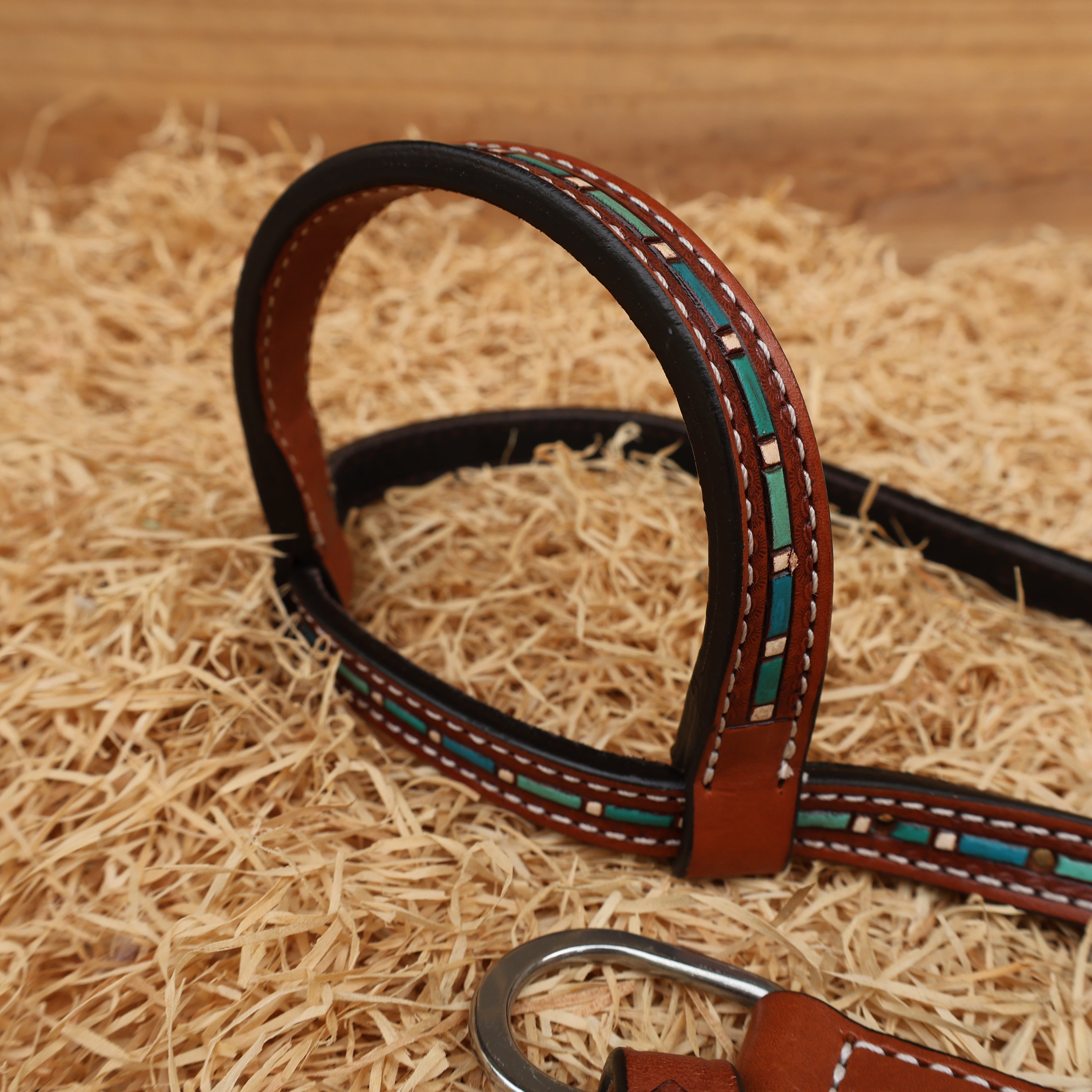 MOUSM Western Leather Headstall and Breast Collar Set – Decorated with Hand-Striped Tooled with Turquoise Coloring & Buck Stitching