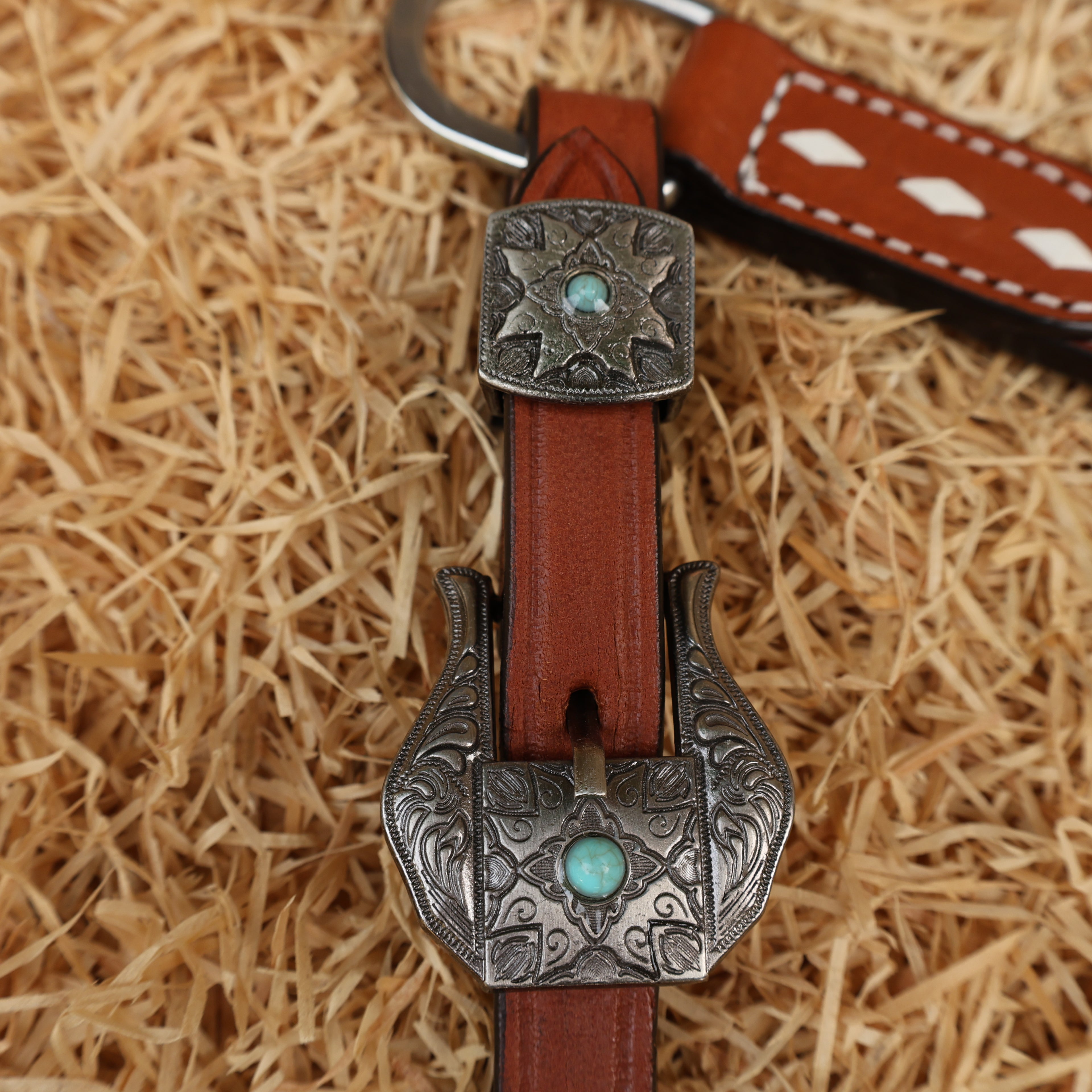 MOUSM Western Leather Headstall and Breast Collar Set – Decorated with Hand-Striped Tooled with Turquoise Coloring & Buck Stitching