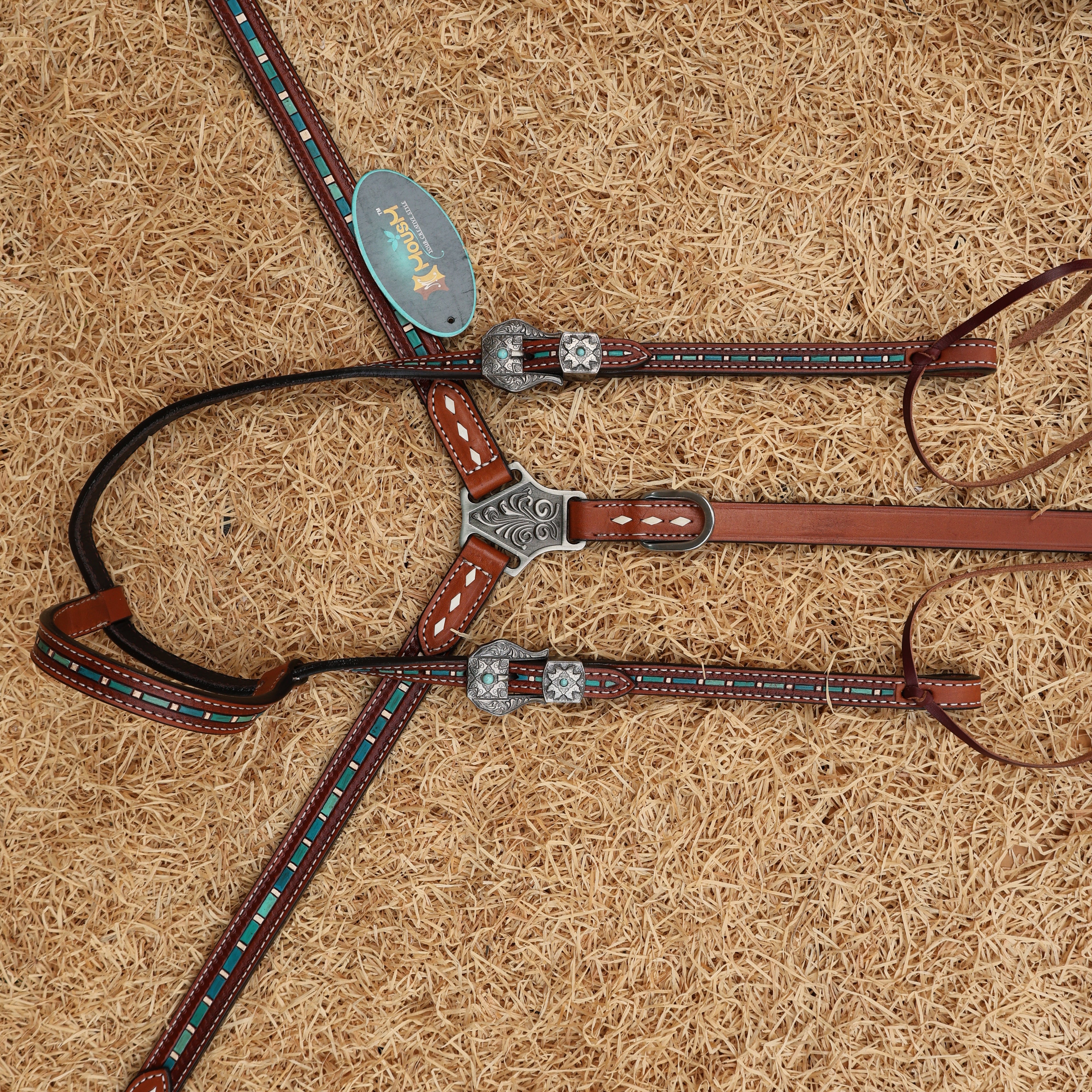 MOUSM Western Leather Headstall and Breast Collar Set – Decorated with Hand-Striped Tooled with Turquoise Coloring & Buck Stitching