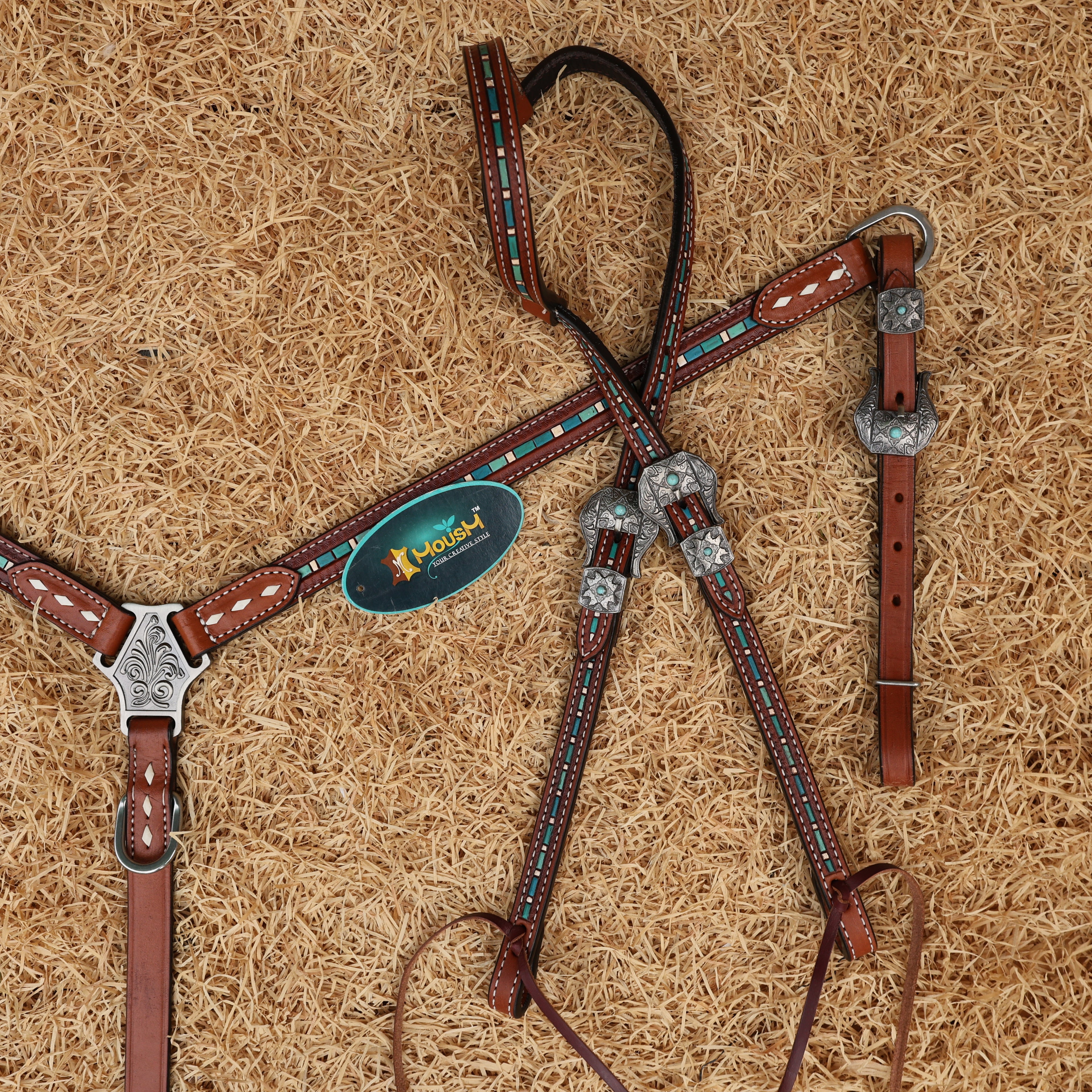 MOUSM Western Leather Headstall and Breast Collar Set – Decorated with Hand-Striped Tooled with Turquoise Coloring & Buck Stitching