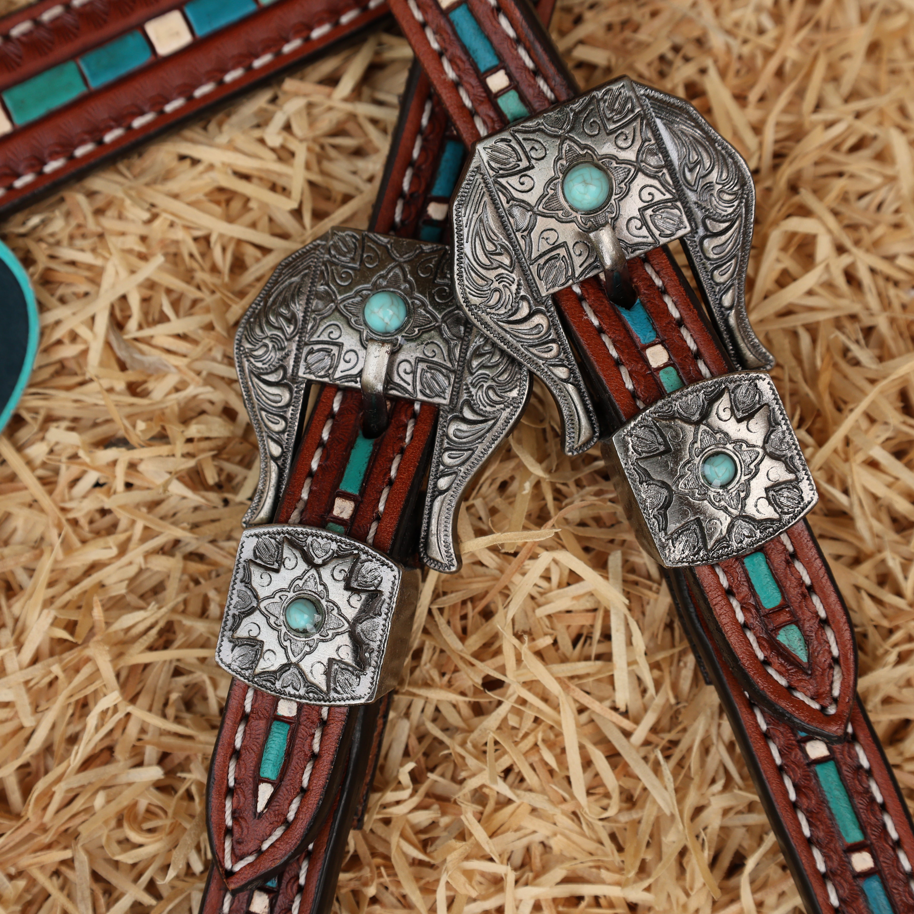 MOUSM Western Leather Headstall and Breast Collar Set – Decorated with Hand-Striped Tooled with Turquoise Coloring & Buck Stitching