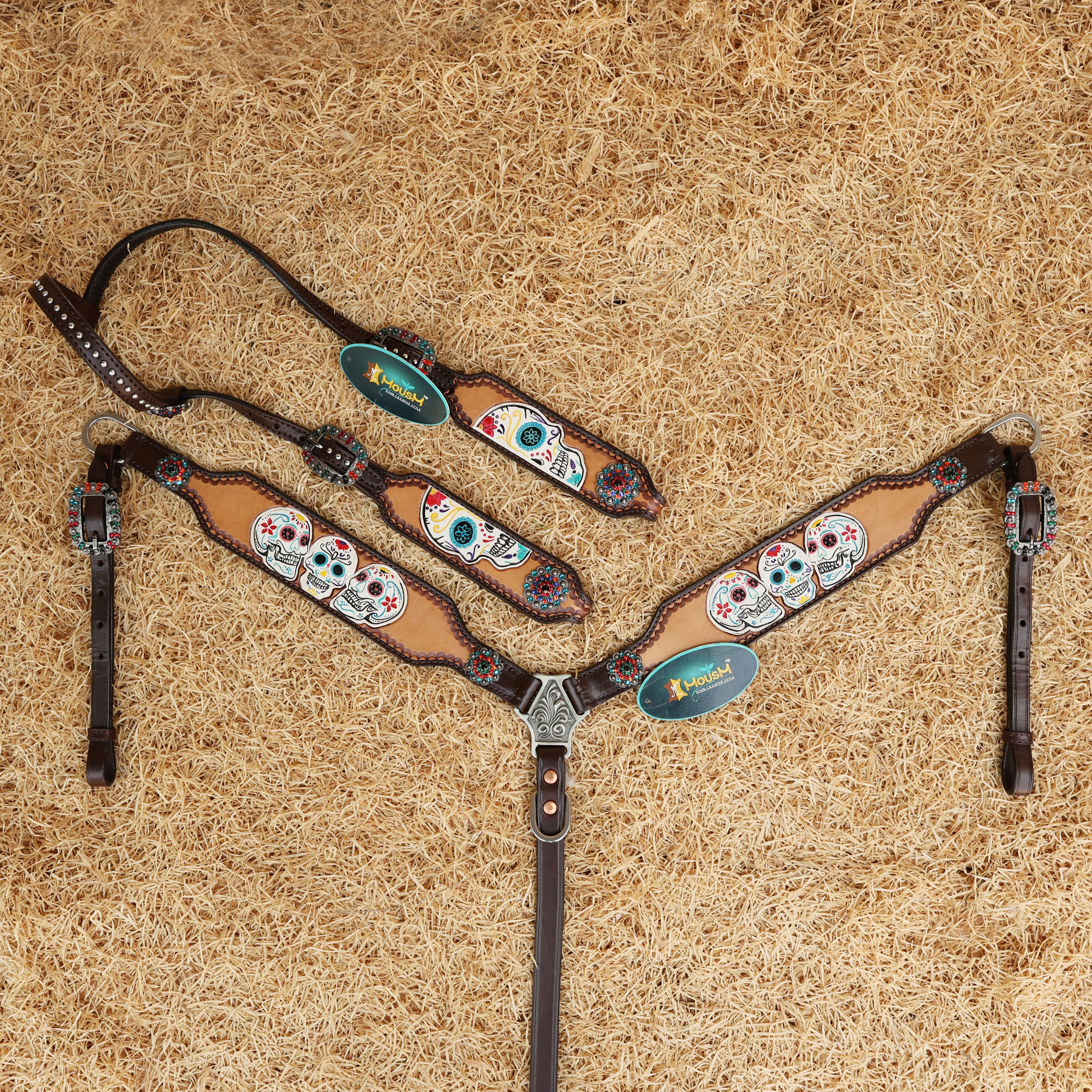 MOUSM Argentina Cow Leather Western Headstall and Breast Collar Set - Decorated with Hand-Tooled & Painted Sugar Skull, Multi-Color Berry Conchos