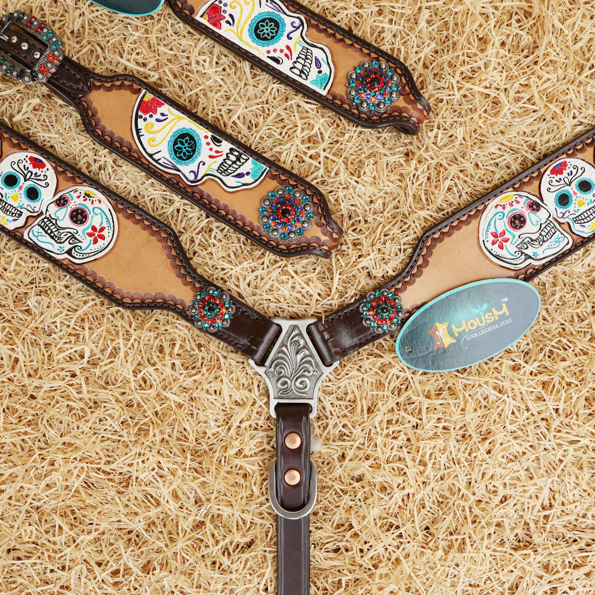 Hand-Tooled & Painted Sugar Skull Headstall Breast Collar Set