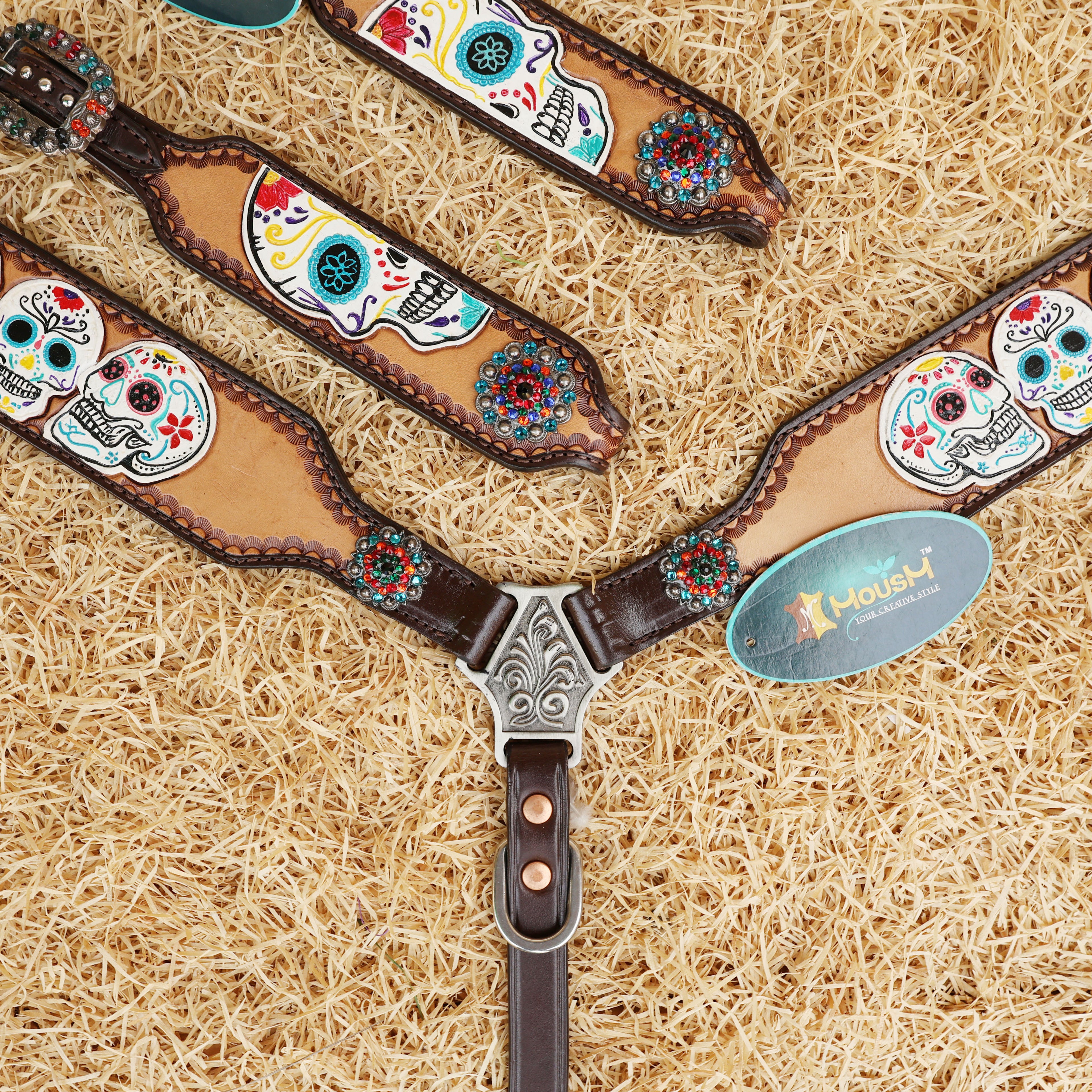 MOUSM Argentina Cow Leather Western Headstall and Breast Collar Set - Decorated with Hand-Tooled & Painted Sugar Skull, Multi-Color Berry Conchos