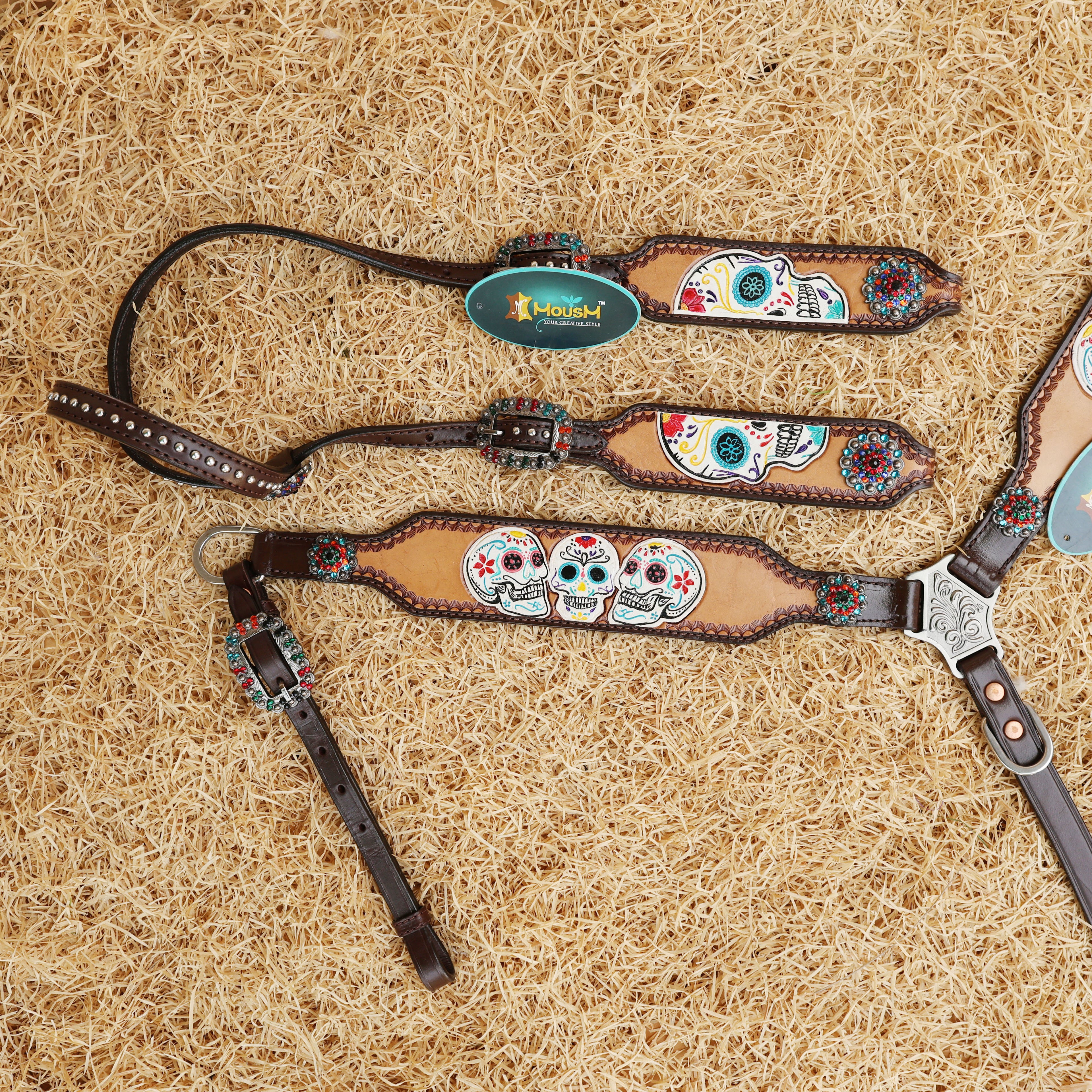 MOUSM Argentina Cow Leather Western Headstall and Breast Collar Set - Decorated with Hand-Tooled & Painted Sugar Skull, Multi-Color Berry Conchos