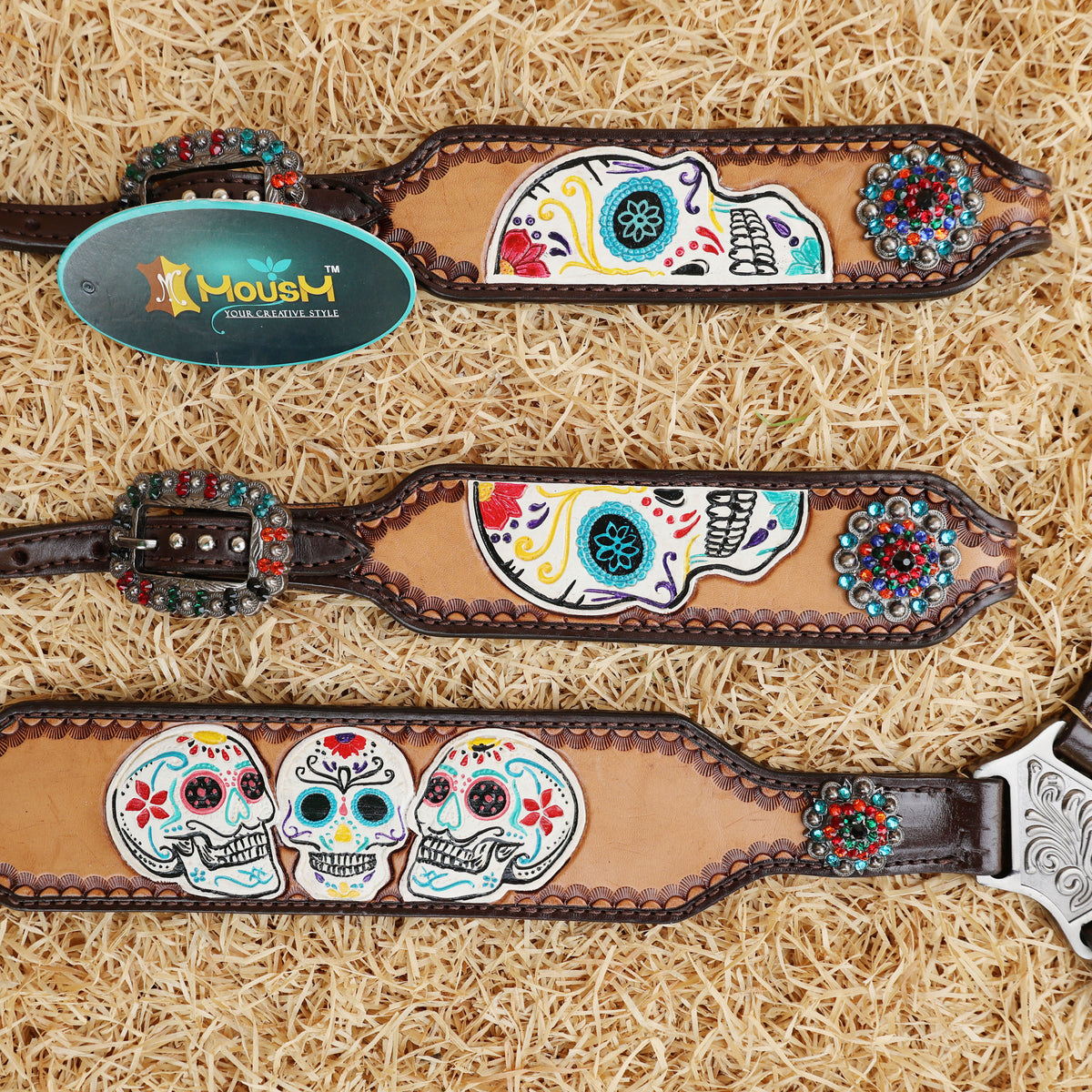 Hand-Tooled & Painted Sugar Skull Headstall Breast Collar Set
