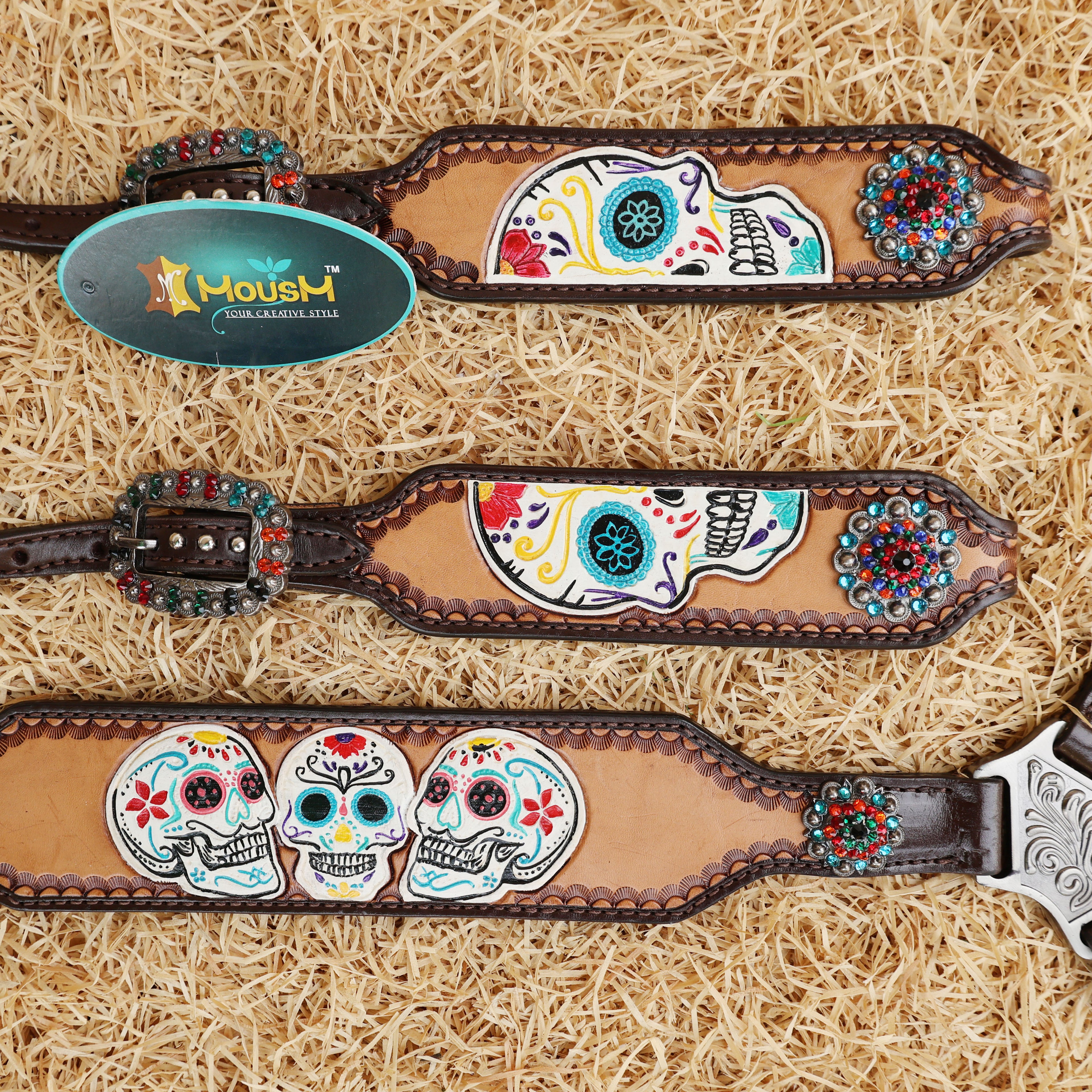 MOUSM Argentina Cow Leather Western Headstall and Breast Collar Set - Decorated with Hand-Tooled & Painted Sugar Skull, Multi-Color Berry Conchos