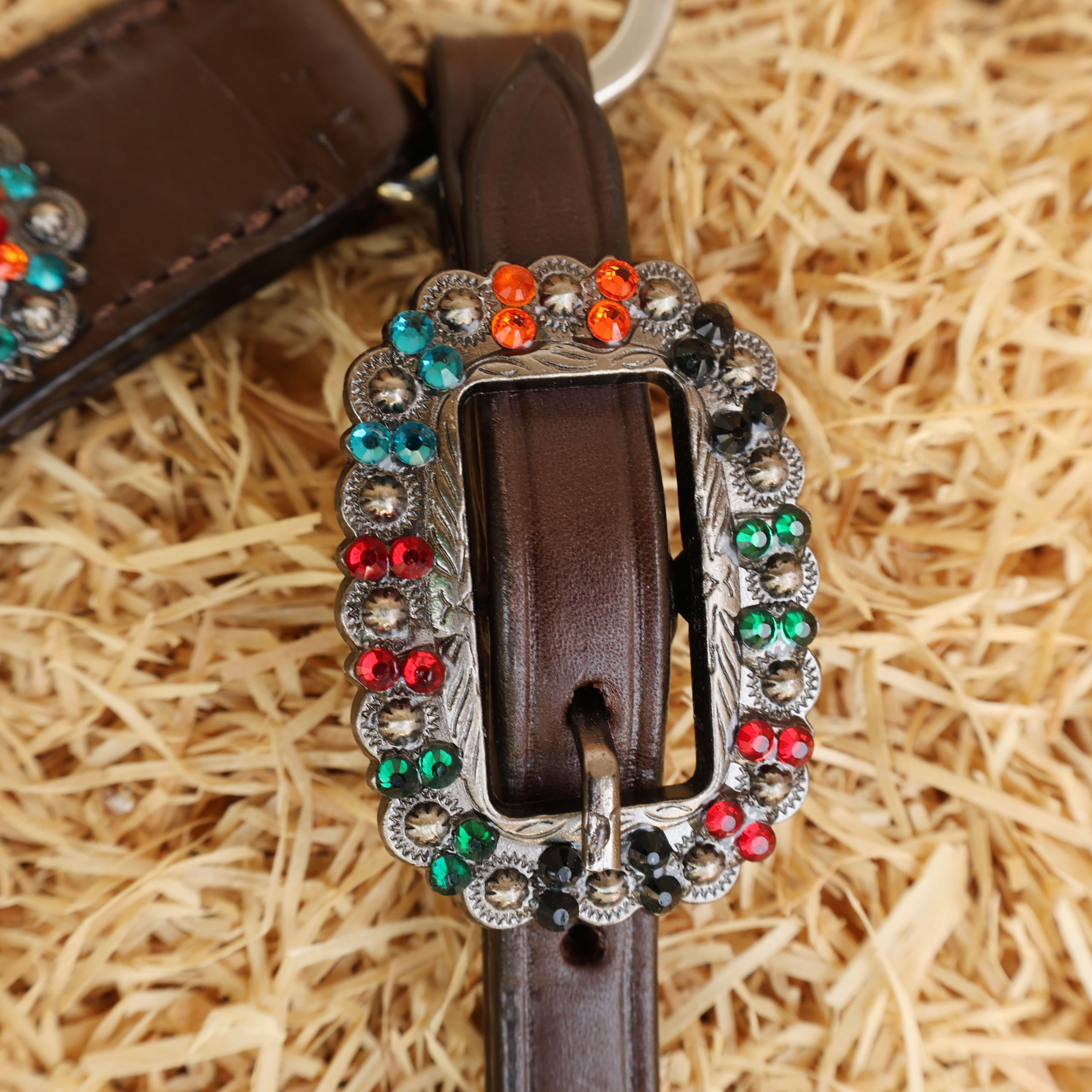 MOUSM Argentina Cow Leather Western Headstall and Breast Collar Set - Decorated with Hand-Tooled & Painted Sugar Skull, Multi-Color Berry Conchos