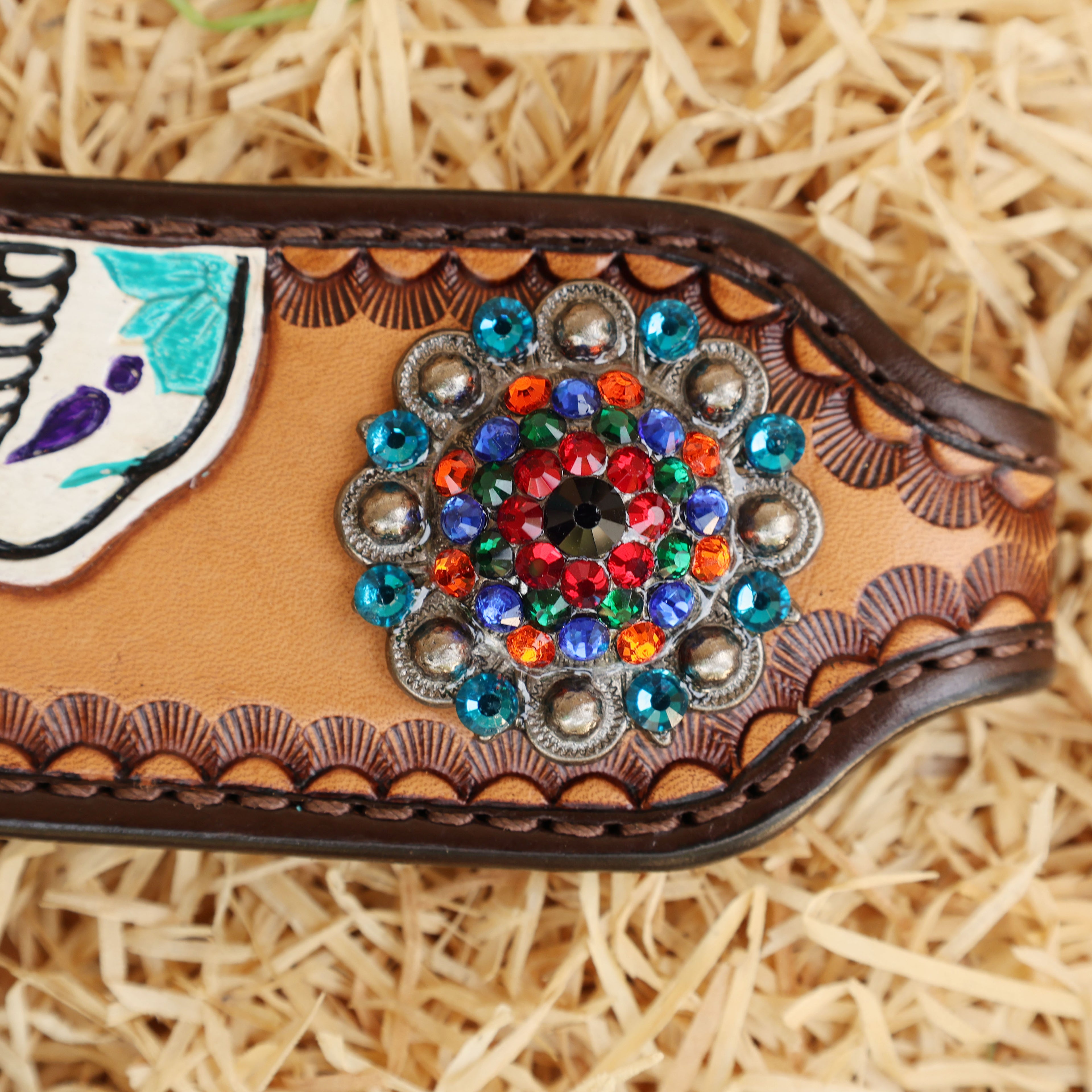 MOUSM Argentina Cow Leather Western Headstall and Breast Collar Set - Decorated with Hand-Tooled & Painted Sugar Skull, Multi-Color Berry Conchos