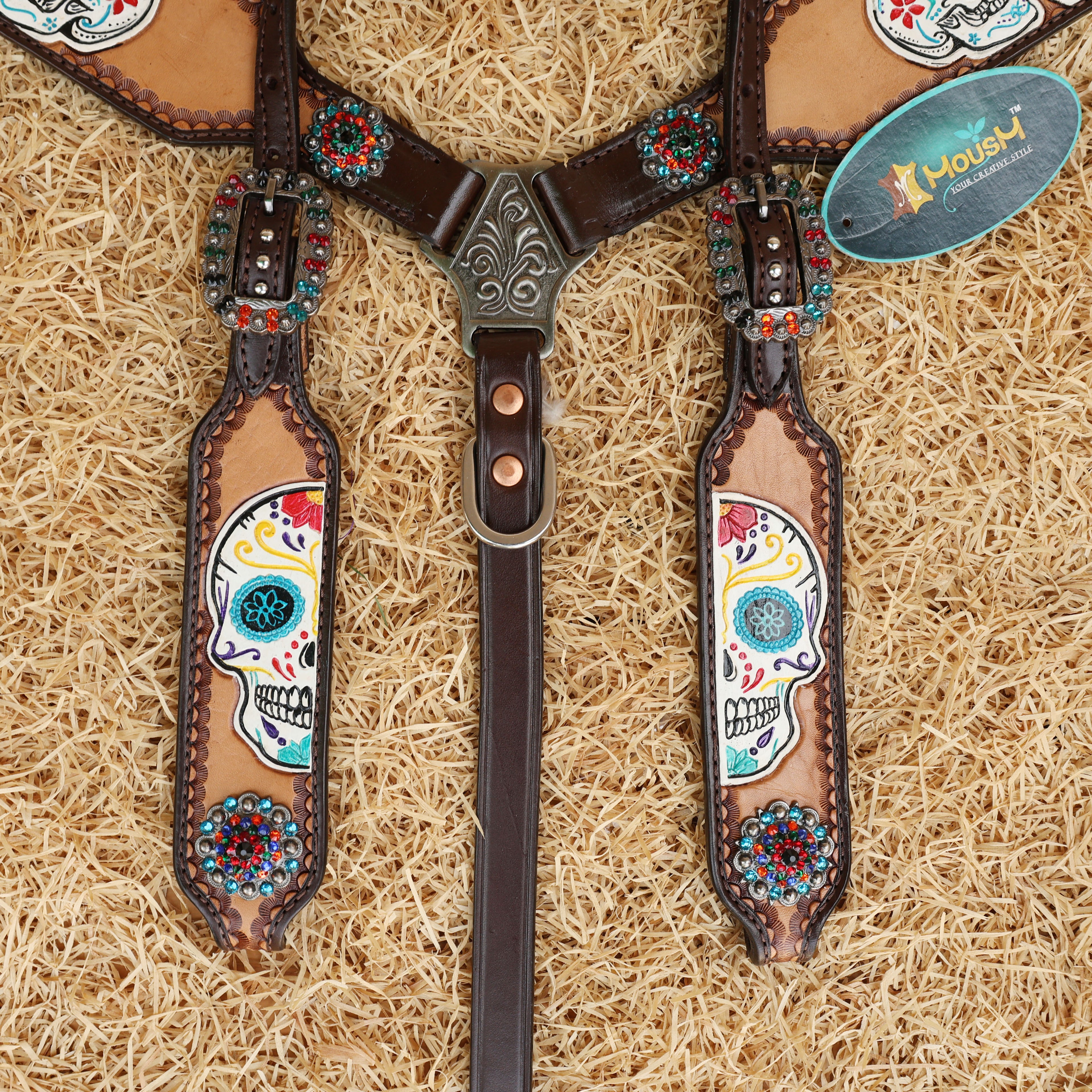 MOUSM Argentina Cow Leather Western Headstall and Breast Collar Set - Decorated with Hand-Tooled & Painted Sugar Skull, Multi-Color Berry Conchos