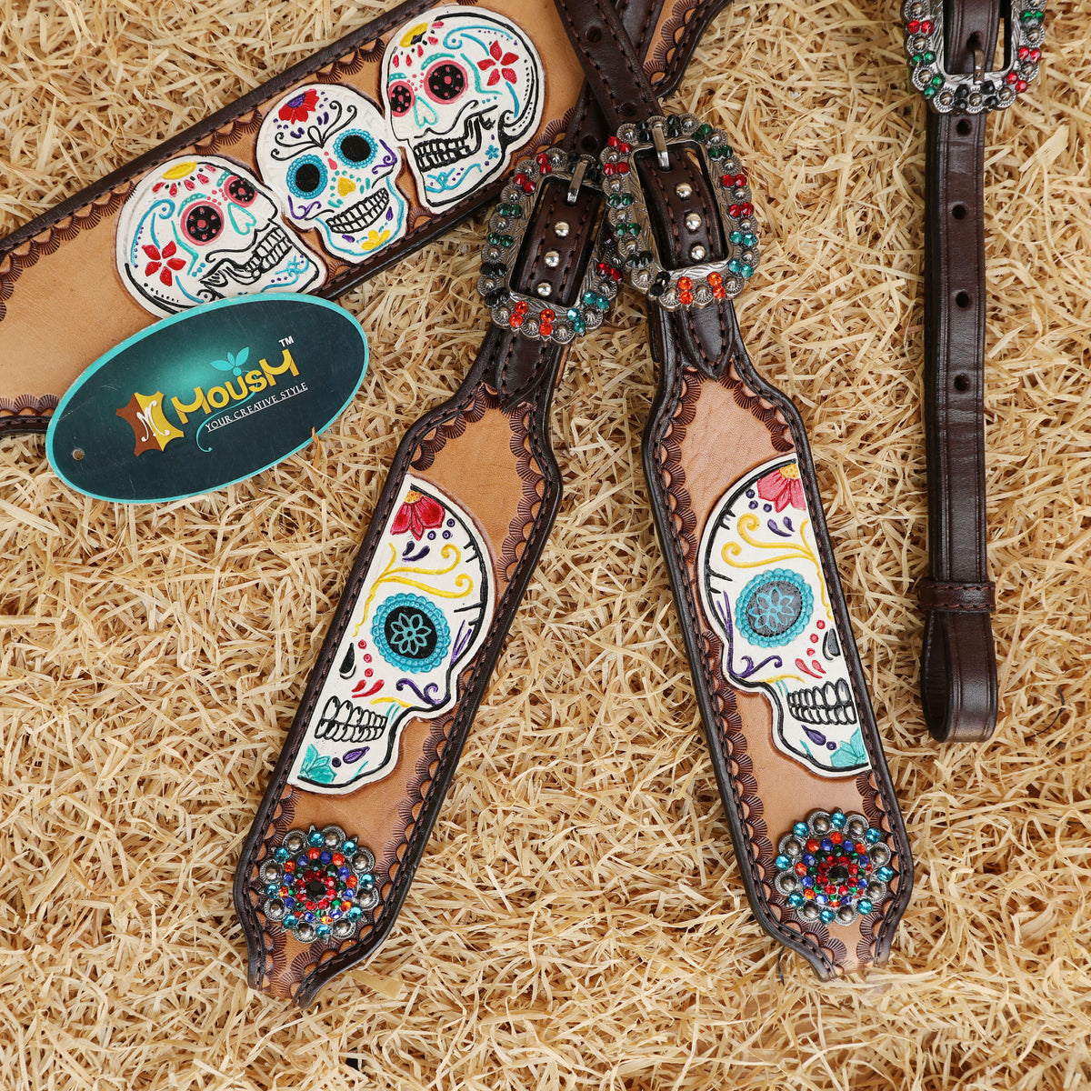 Hand-Tooled & Painted Sugar Skull Headstall Breast Collar Set