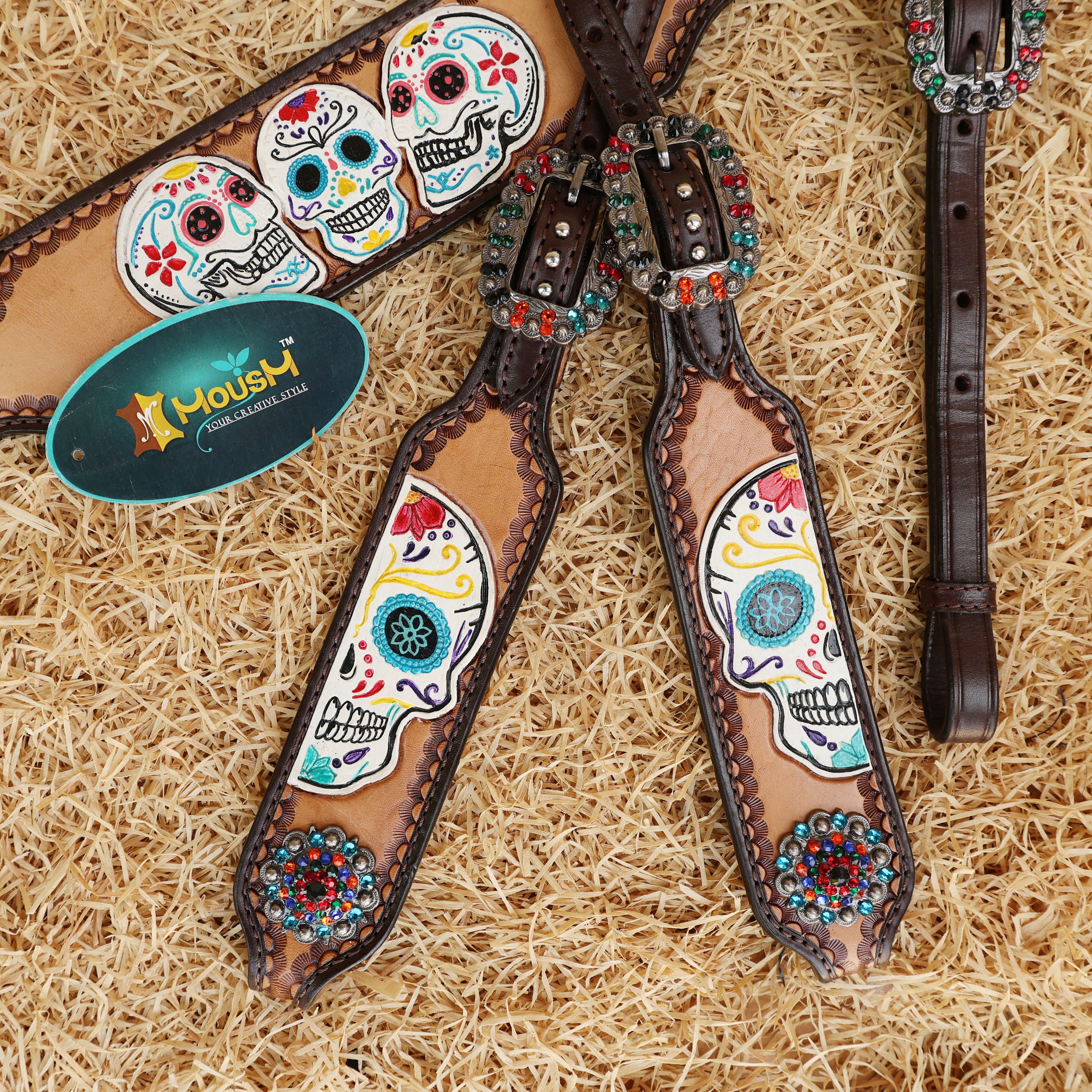 MOUSM Argentina Cow Leather Western Headstall and Breast Collar Set - Decorated with Hand-Tooled & Painted Sugar Skull, Multi-Color Berry Conchos