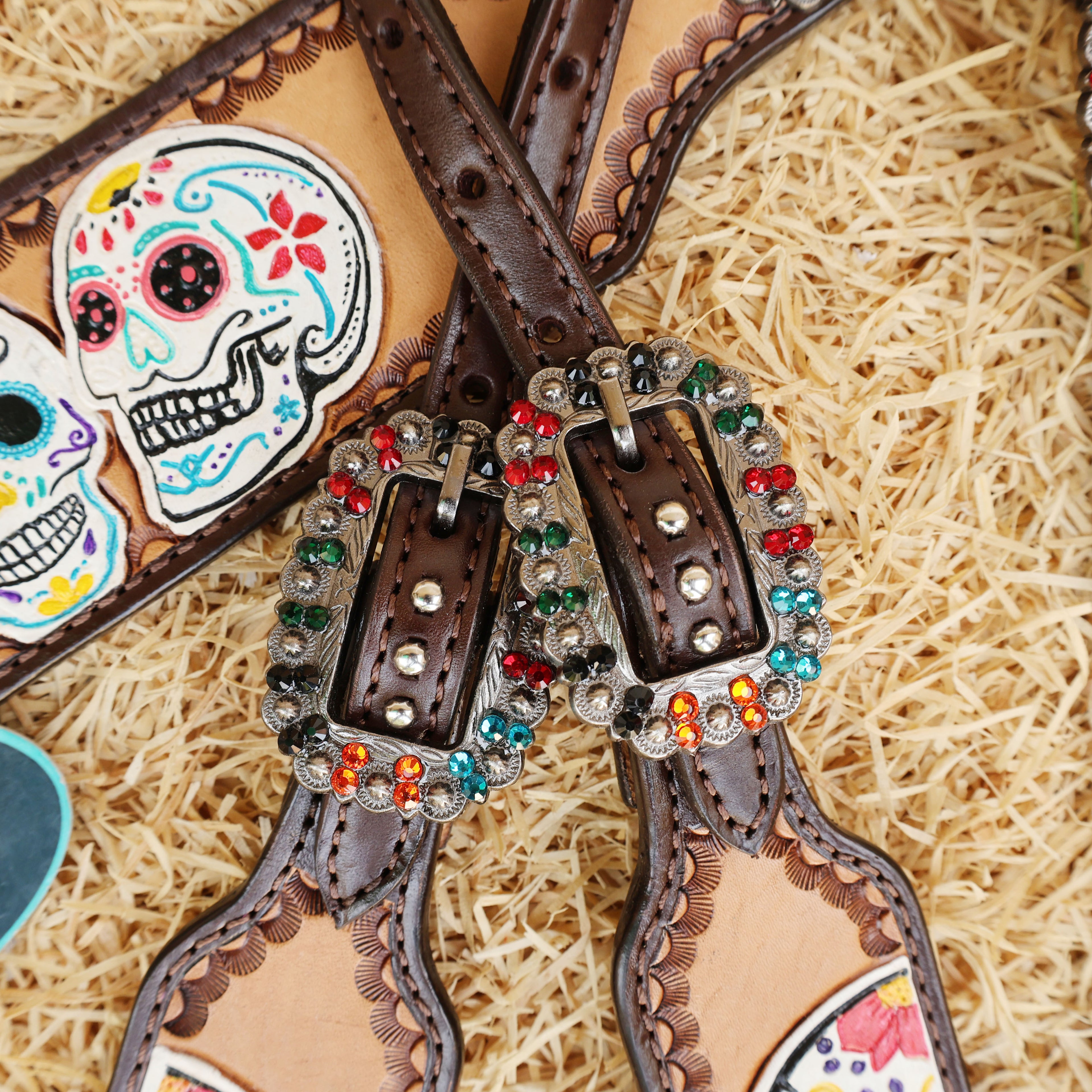 MOUSM Argentina Cow Leather Western Headstall and Breast Collar Set - Decorated with Hand-Tooled & Painted Sugar Skull, Multi-Color Berry Conchos