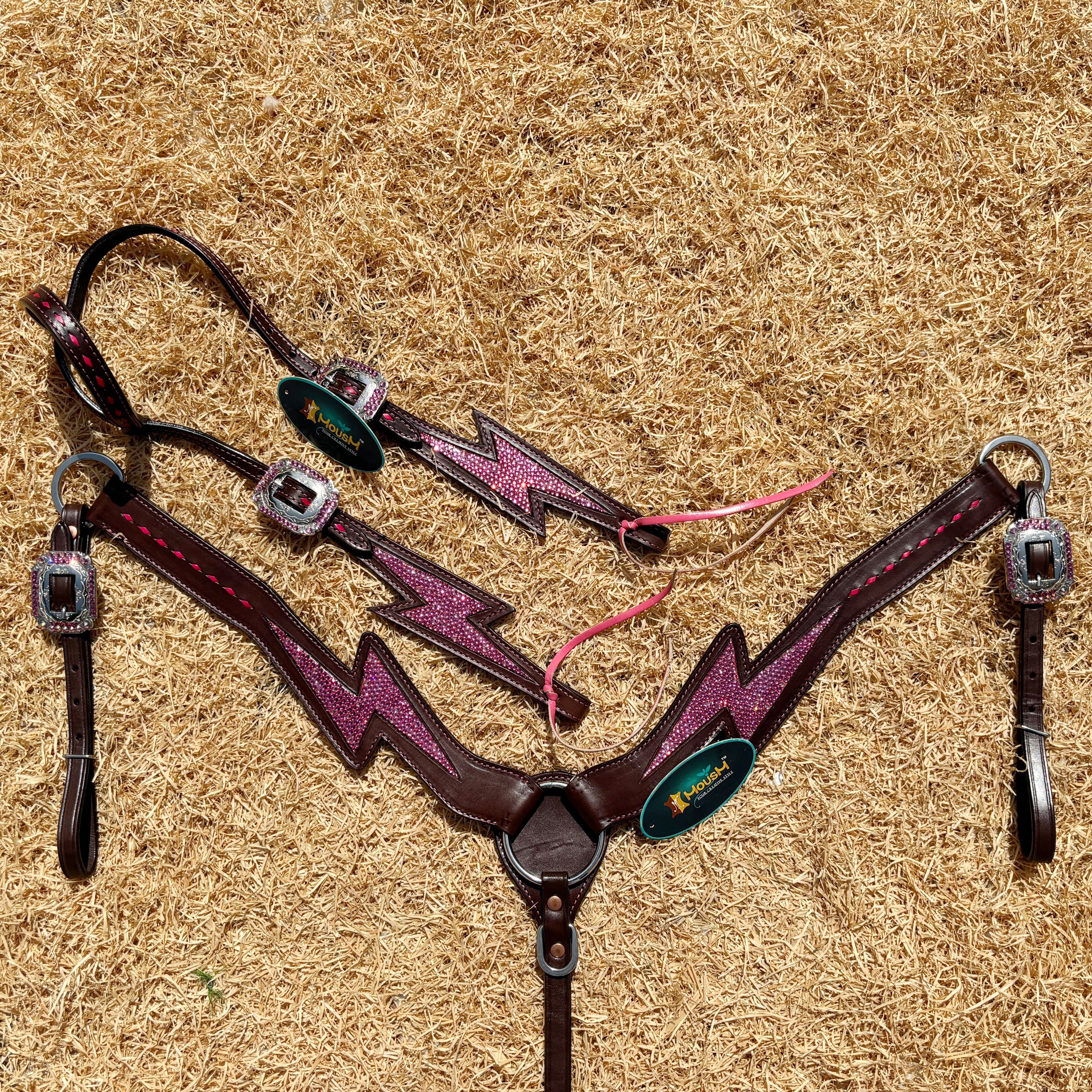 MOUSM Western Leather Headstall & Breast Collar Set - Argentina Cow Leather Headstall Set Decorated with Pink Rhinestone Thunderbolt Design