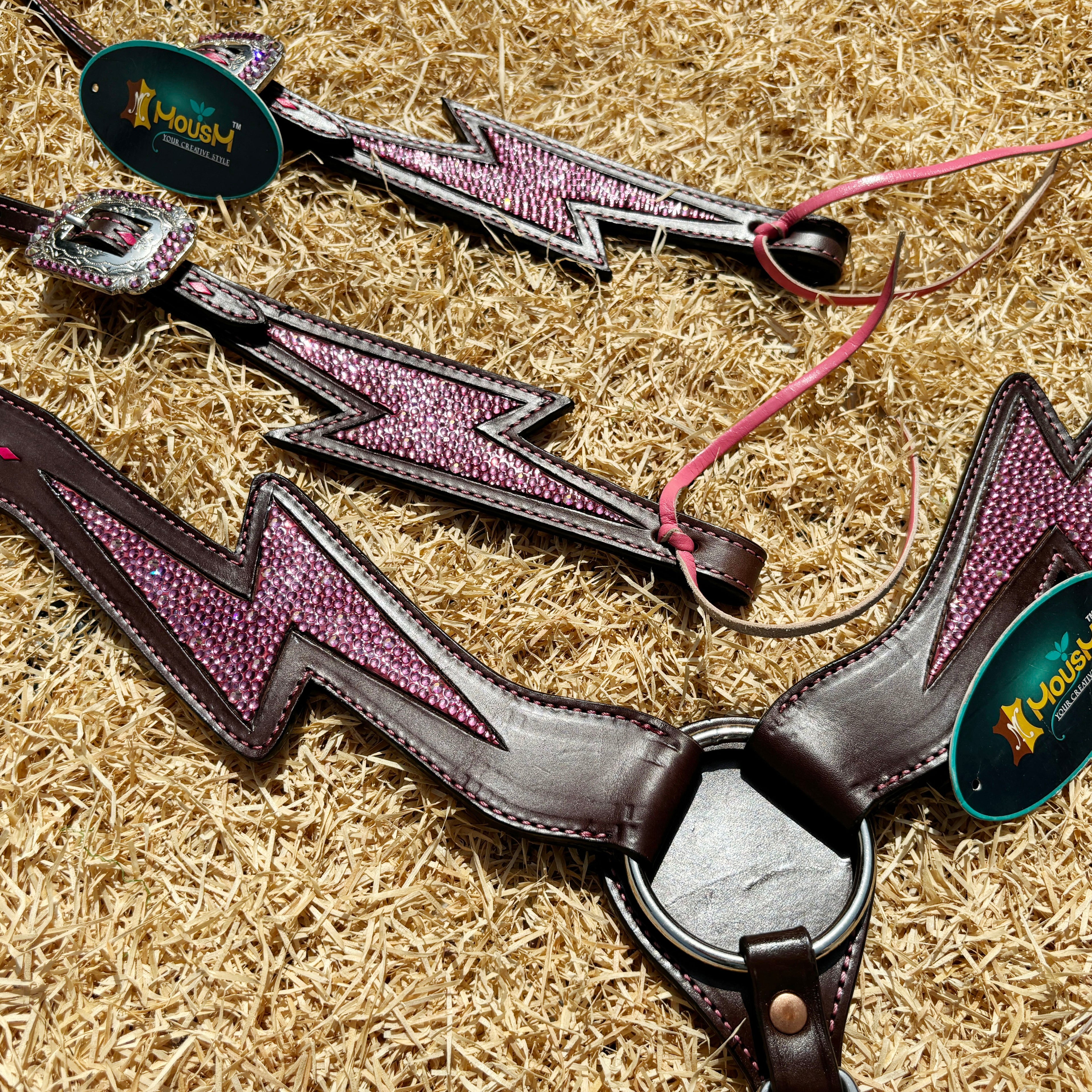 MOUSM Western Leather Headstall & Breast Collar Set - Argentina Cow Leather Headstall Set Decorated with Pink Rhinestone Thunderbolt Design