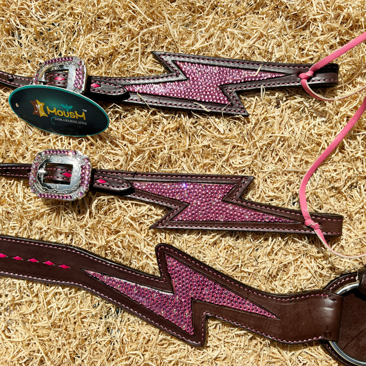 Pink Thunderbolt Design One Ear Headstall and Breast Collar Set