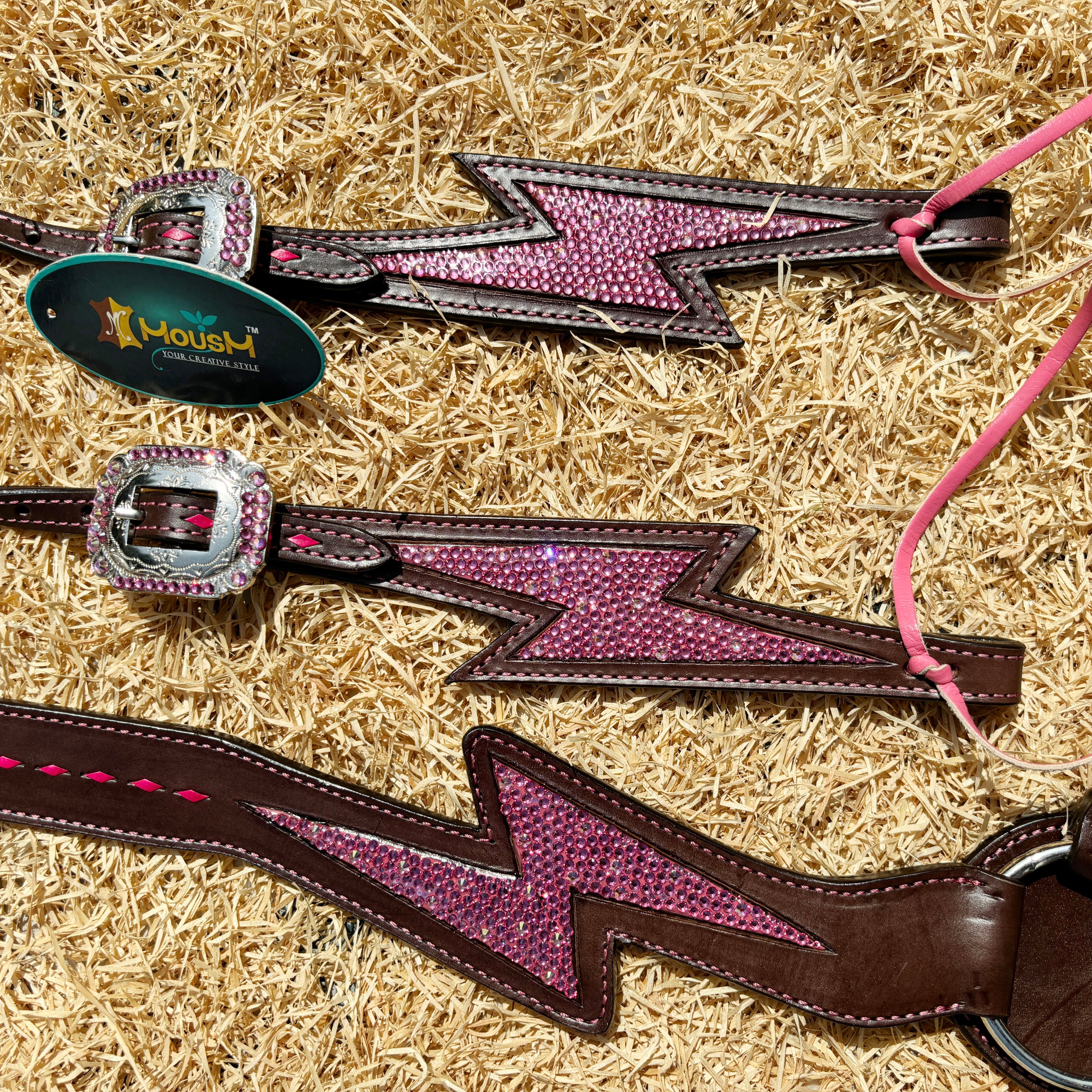 MOUSM Western Leather Headstall & Breast Collar Set - Argentina Cow Leather Headstall Set Decorated with Pink Rhinestone Thunderbolt Design