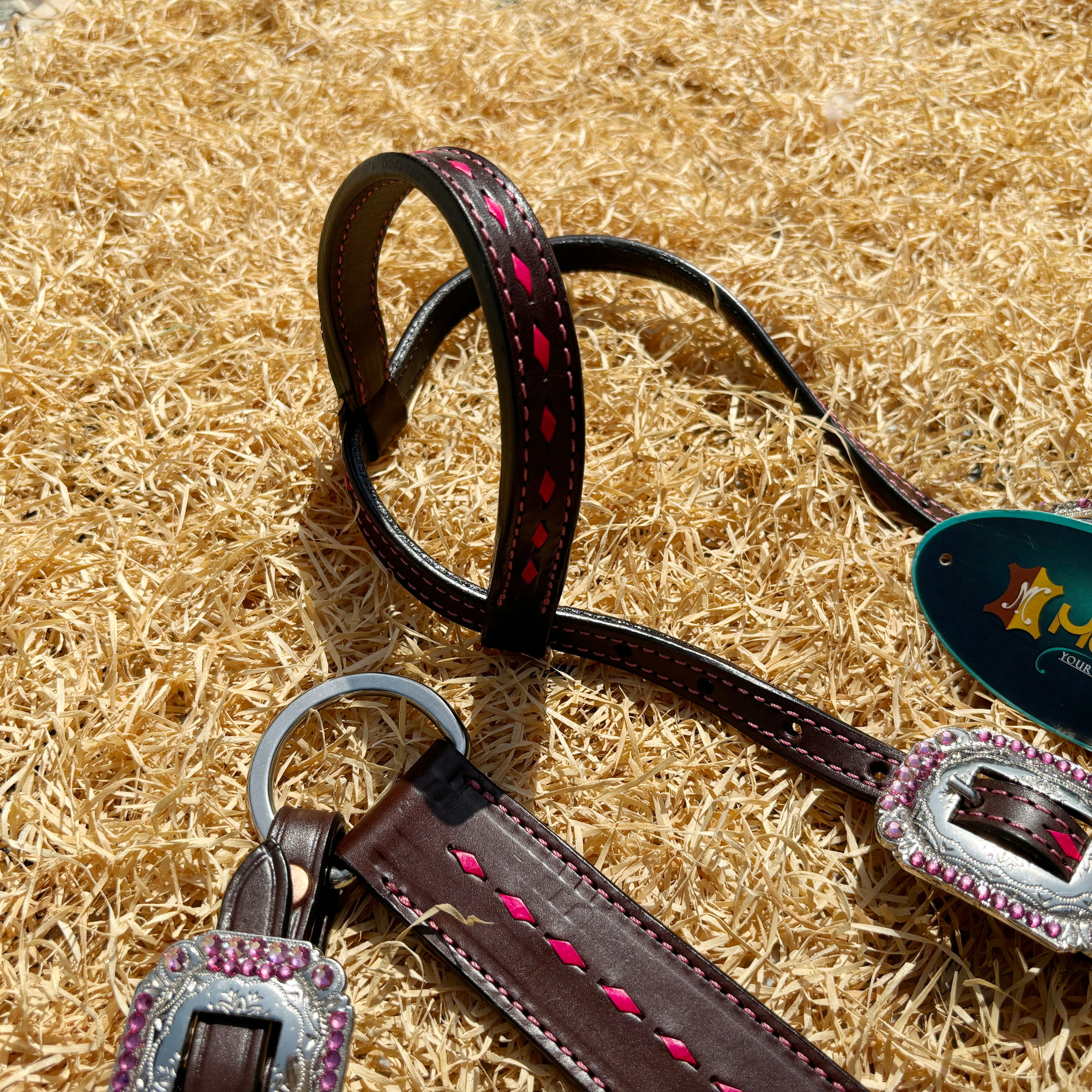 MOUSM Western Leather Headstall & Breast Collar Set - Argentina Cow Leather Headstall Set Decorated with Pink Rhinestone Thunderbolt Design