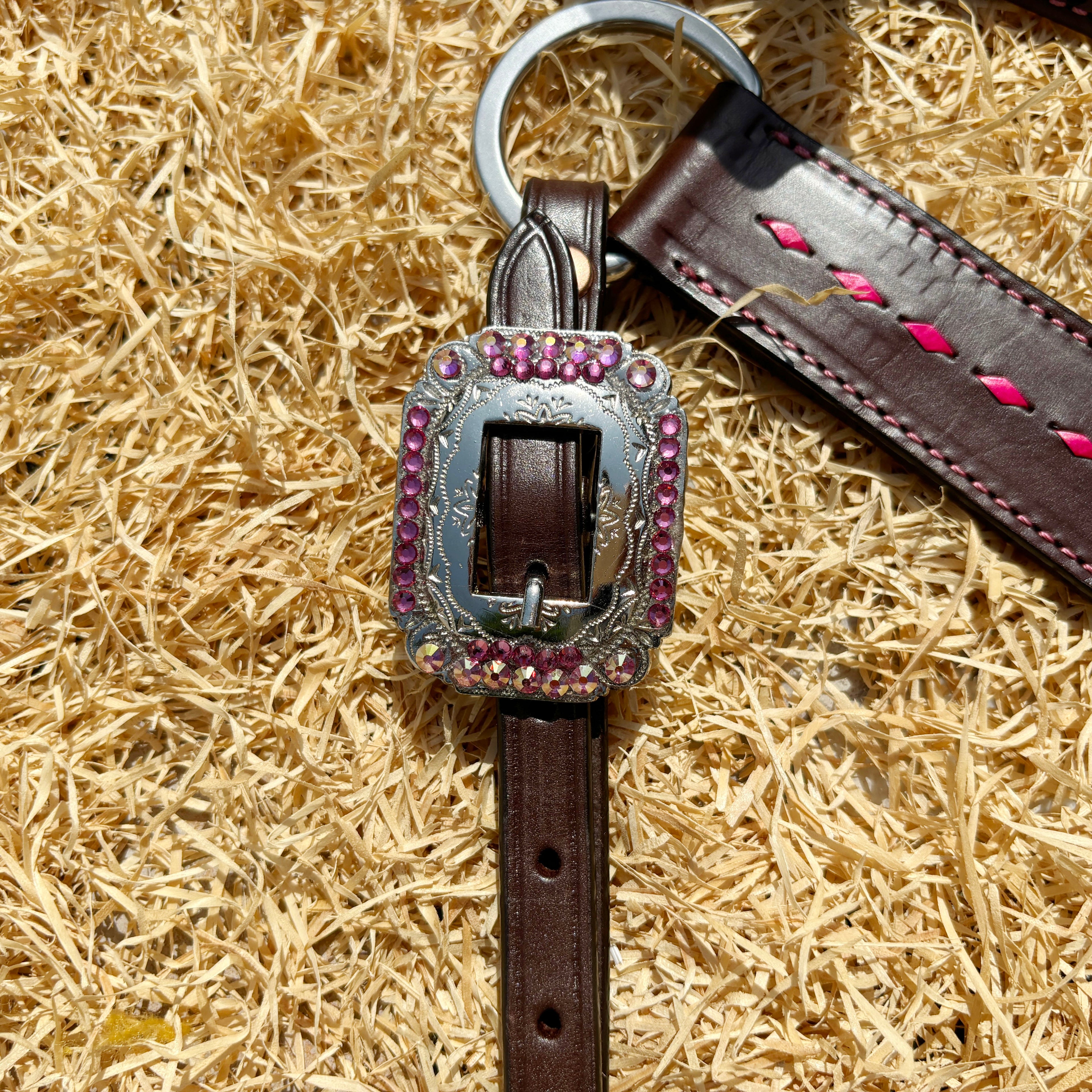 MOUSM Western Leather Headstall & Breast Collar Set - Argentina Cow Leather Headstall Set Decorated with Pink Rhinestone Thunderbolt Design