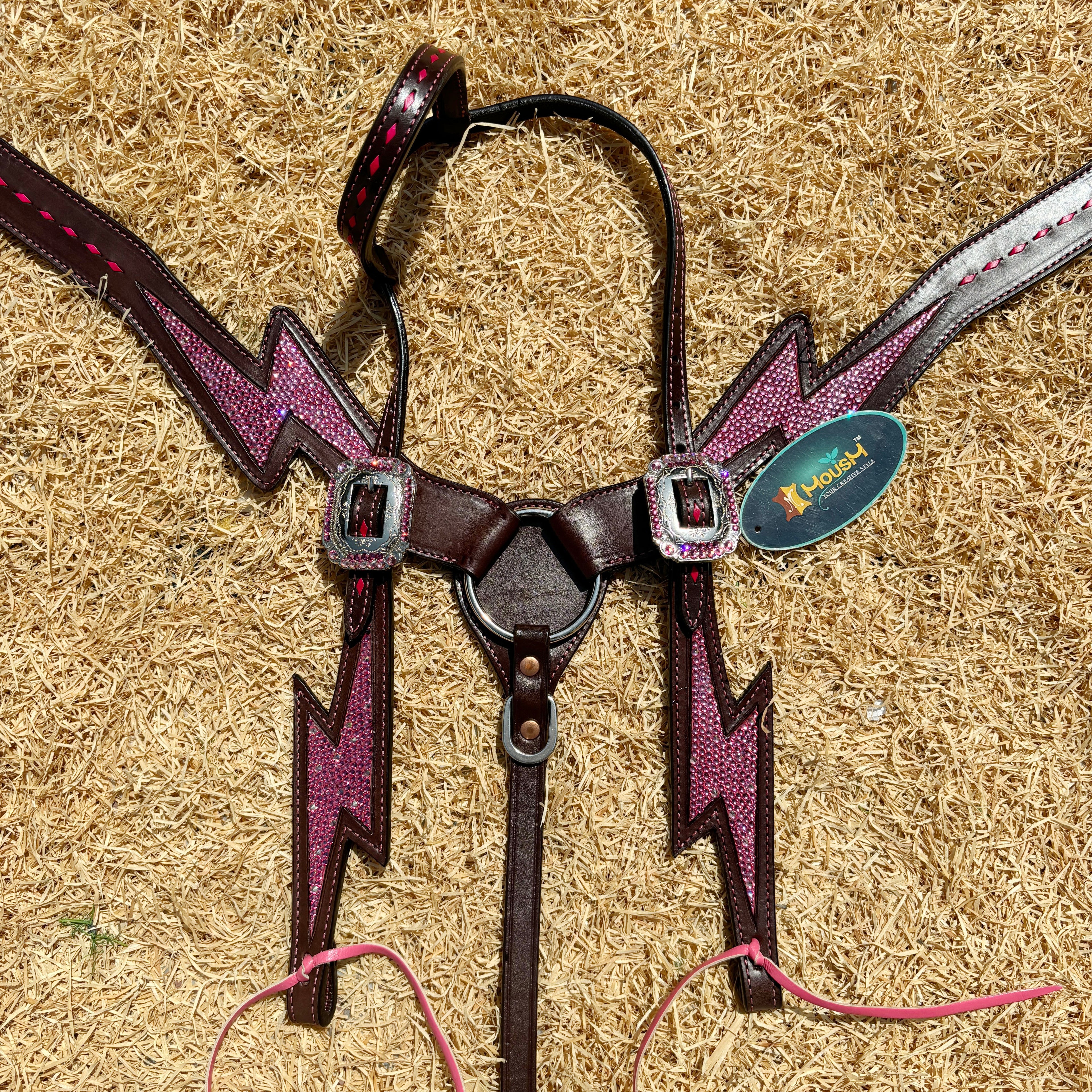MOUSM Western Leather Headstall & Breast Collar Set - Argentina Cow Leather Headstall Set Decorated with Pink Rhinestone Thunderbolt Design