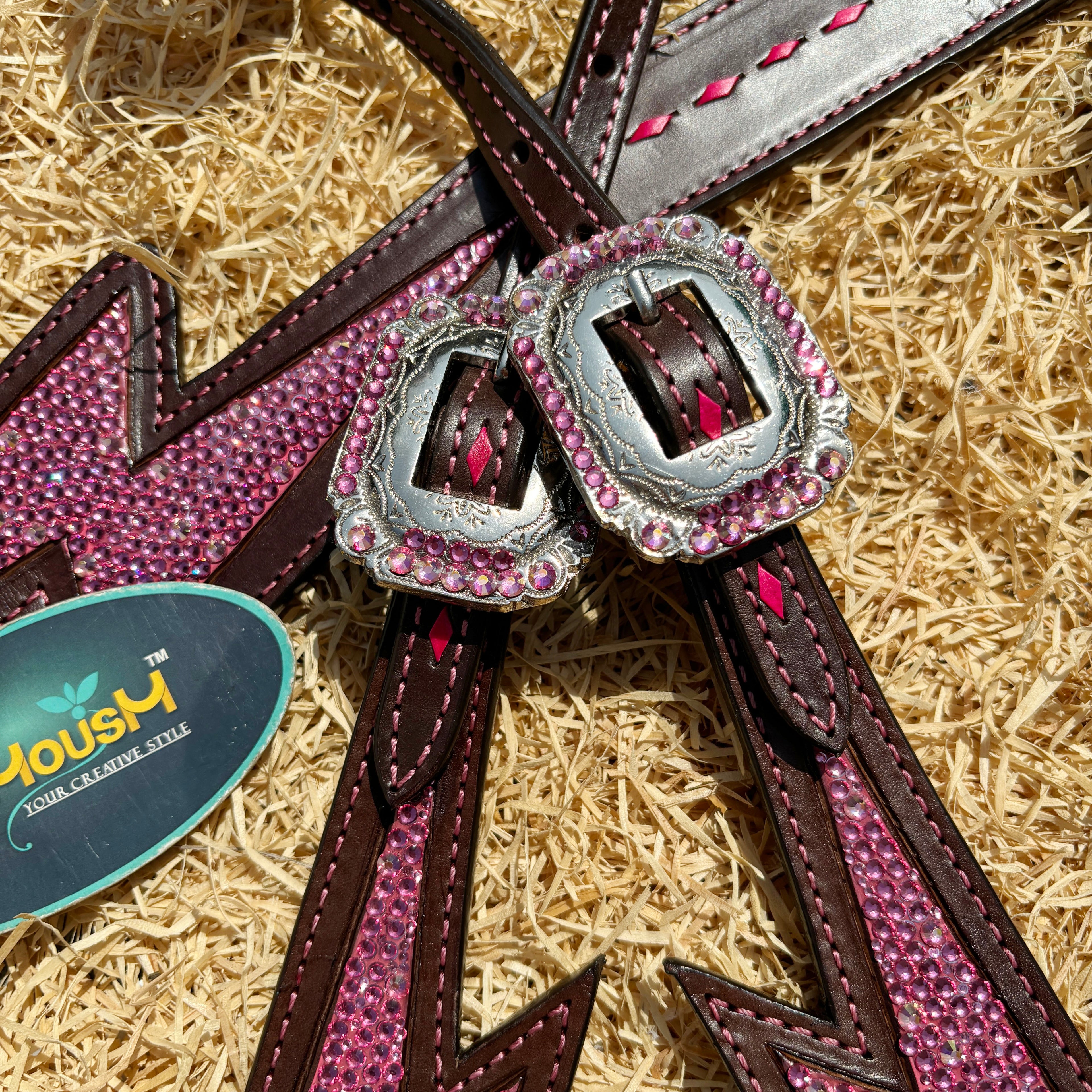 MOUSM Western Leather Headstall & Breast Collar Set - Argentina Cow Leather Headstall Set Decorated with Pink Rhinestone Thunderbolt Design