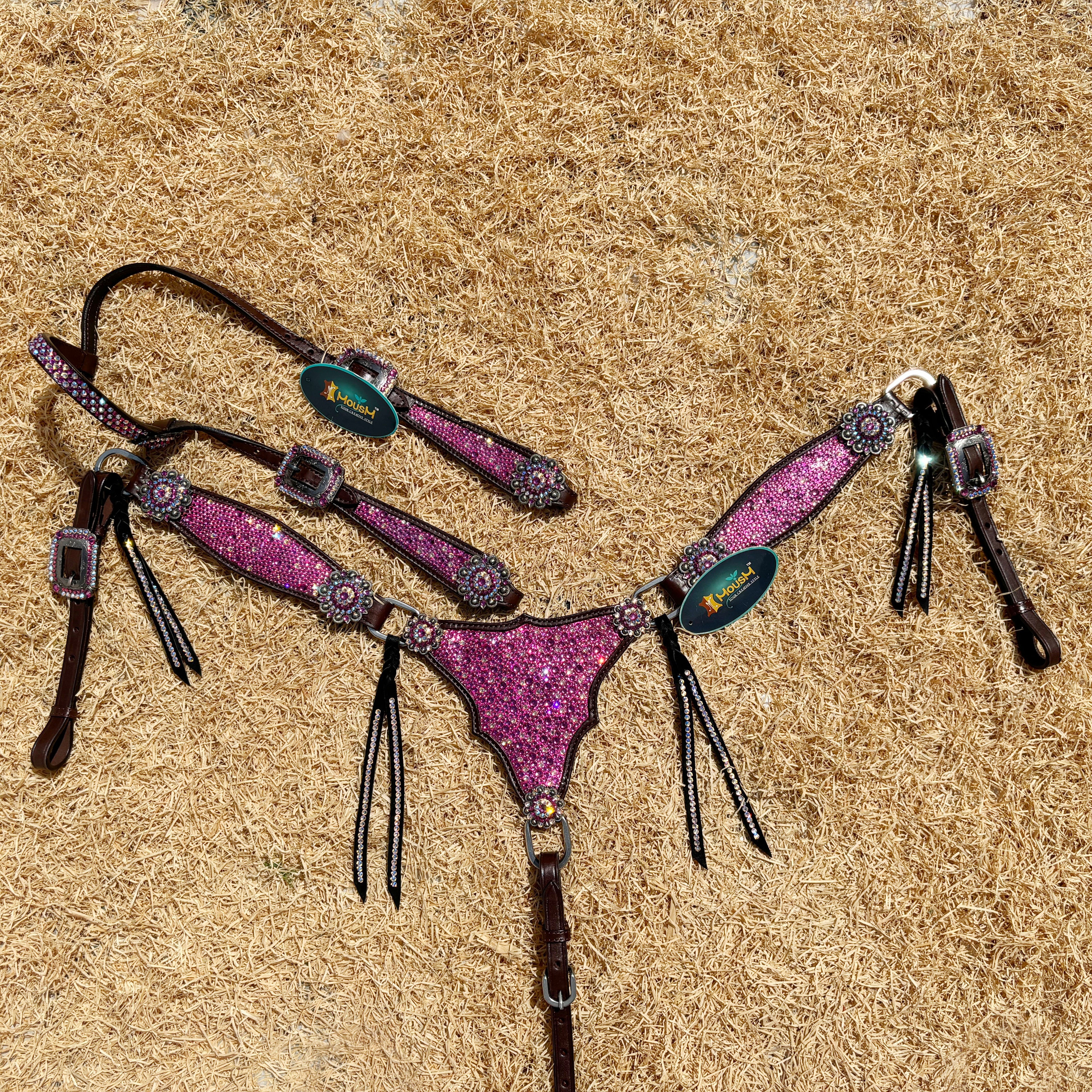 MOUSM Western Argentina Cow Leather Headstall & Breast Collar Set – Decorated with Pink Rhinestones on Gladiator Design, Bling ON Strings & Berry Conchos