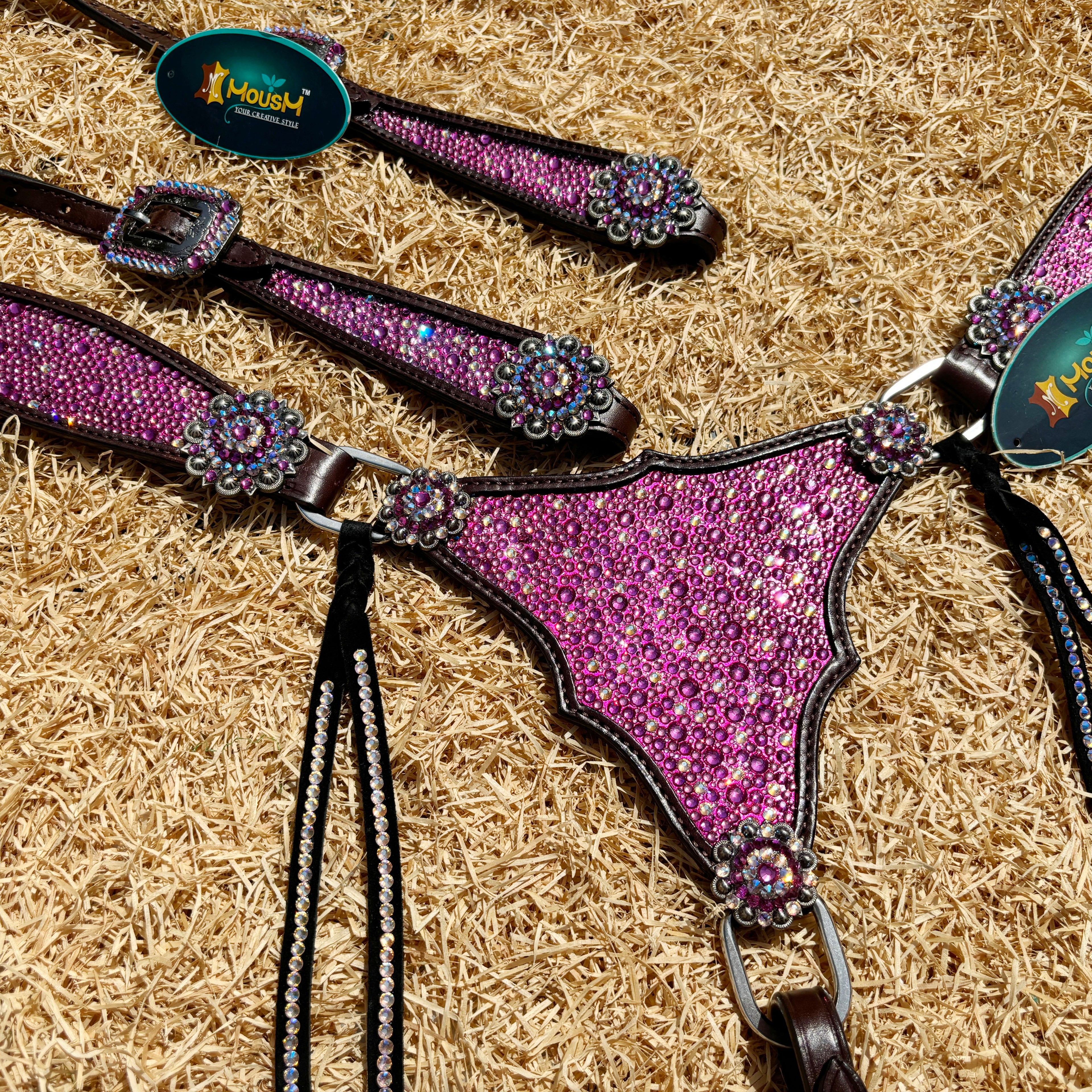 MOUSM Western Argentina Cow Leather Headstall & Breast Collar Set – Decorated with Pink Rhinestones on Gladiator Design, Bling ON Strings & Berry Conchos