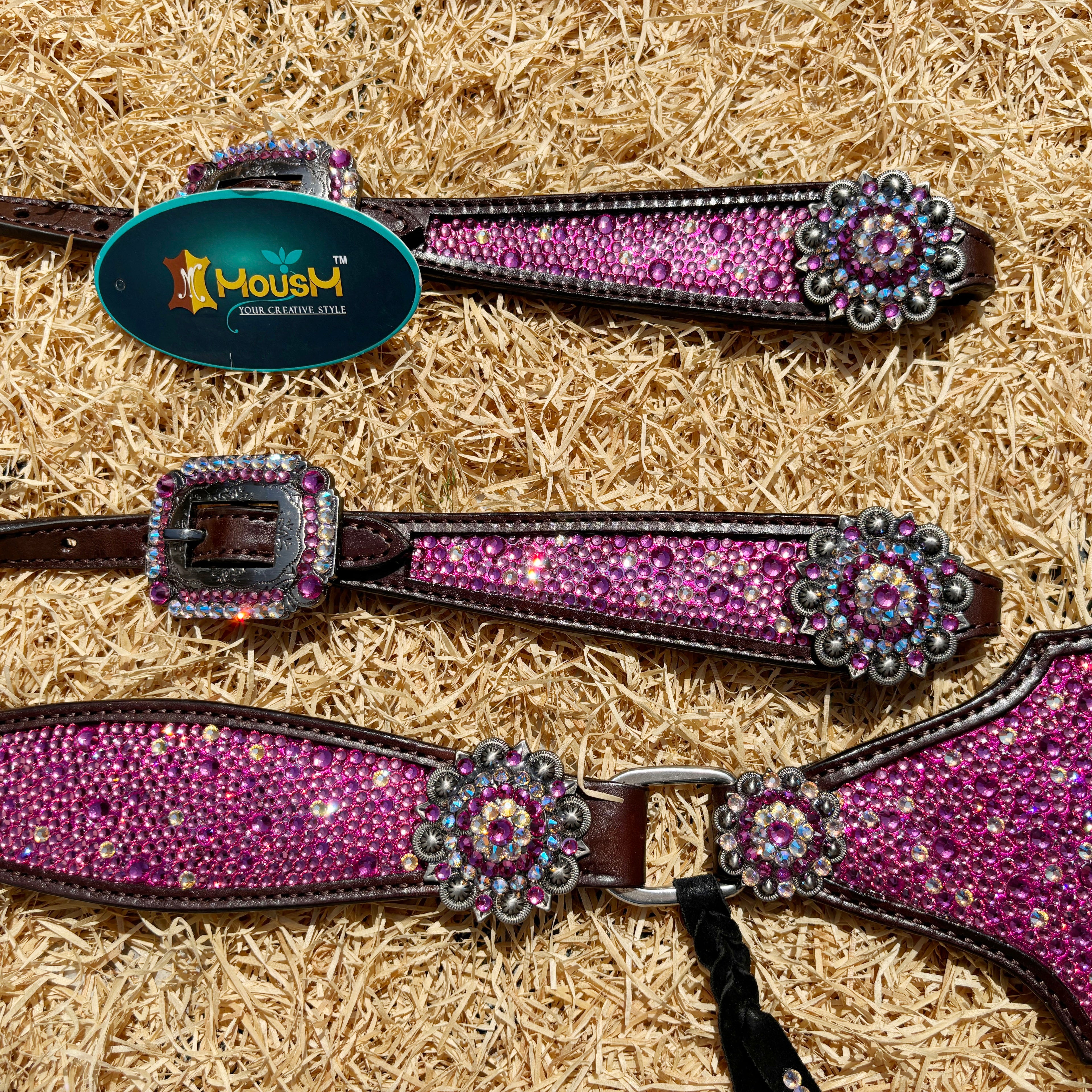 MOUSM Western Argentina Cow Leather Headstall & Breast Collar Set – Decorated with Pink Rhinestones on Gladiator Design, Bling ON Strings & Berry Conchos