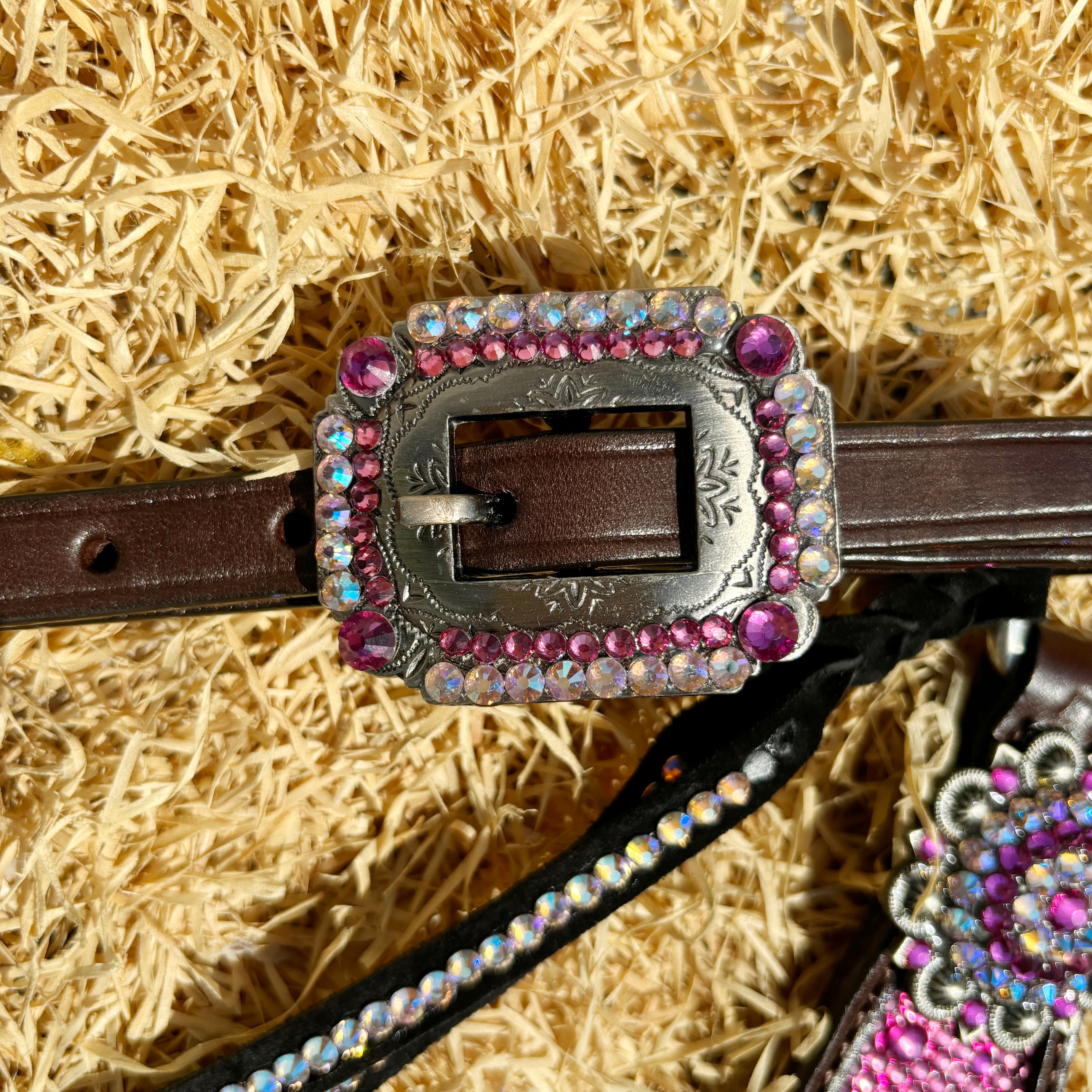 MOUSM Western Argentina Cow Leather Headstall & Breast Collar Set – Decorated with Pink Rhinestones on Gladiator Design, Bling ON Strings & Berry Conchos