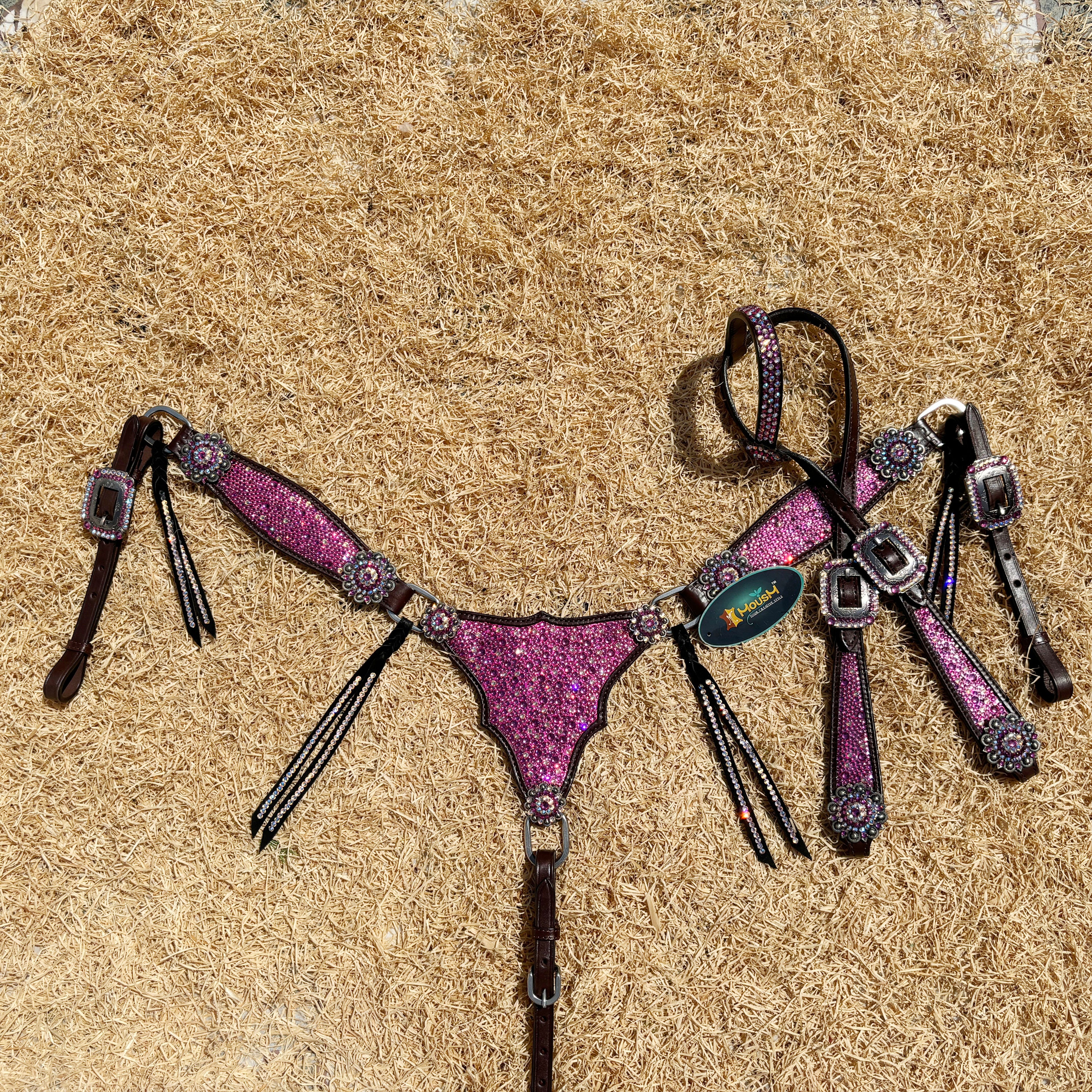 MOUSM Western Argentina Cow Leather Headstall & Breast Collar Set – Decorated with Pink Rhinestones on Gladiator Design, Bling ON Strings & Berry Conchos