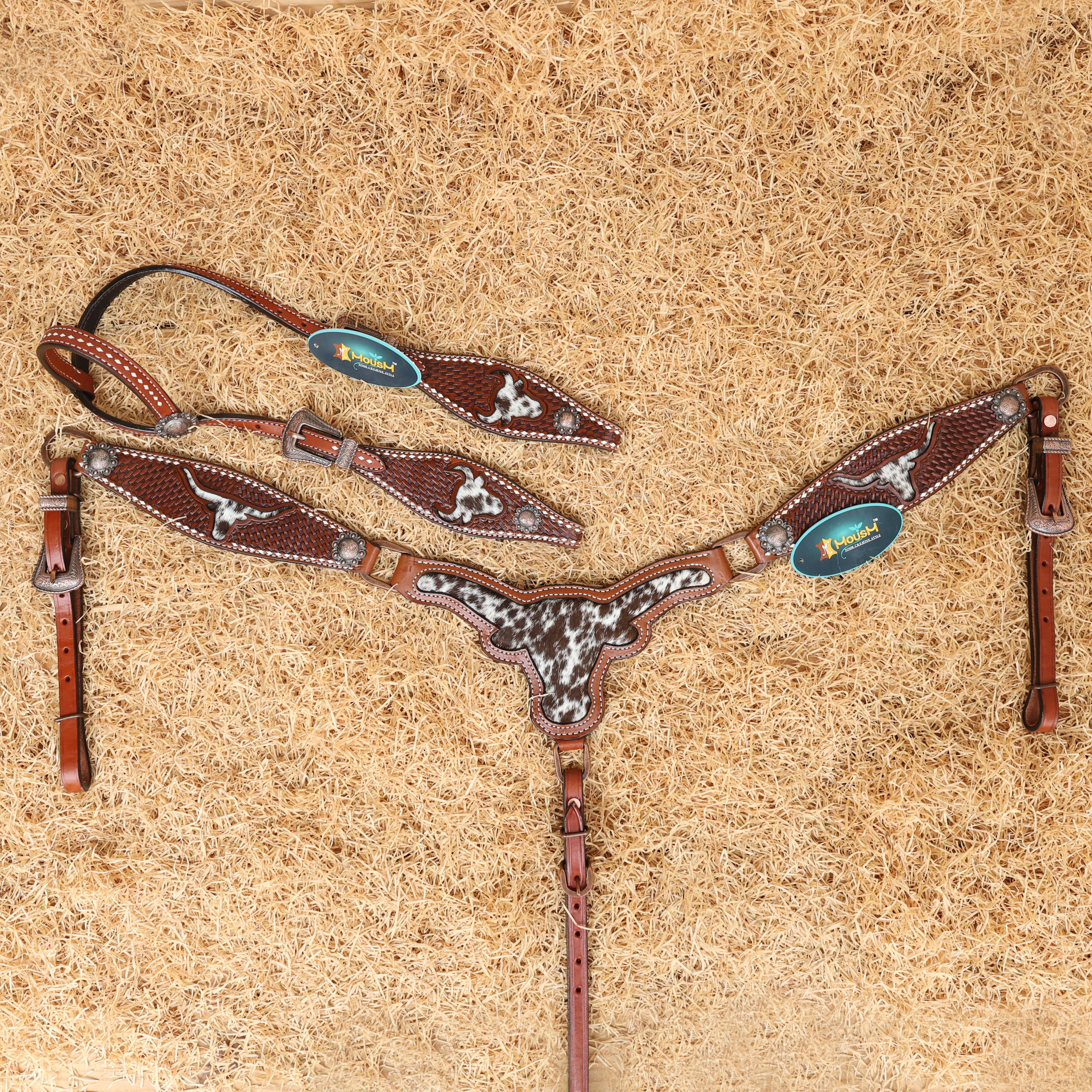 MOUSM Western Breast Collar and Headstall Set - Made from Argentina Cow Leather Horse Headstall Set Decorated with Basket Tooling with Bull Head Cutout & Cowhide Inlay