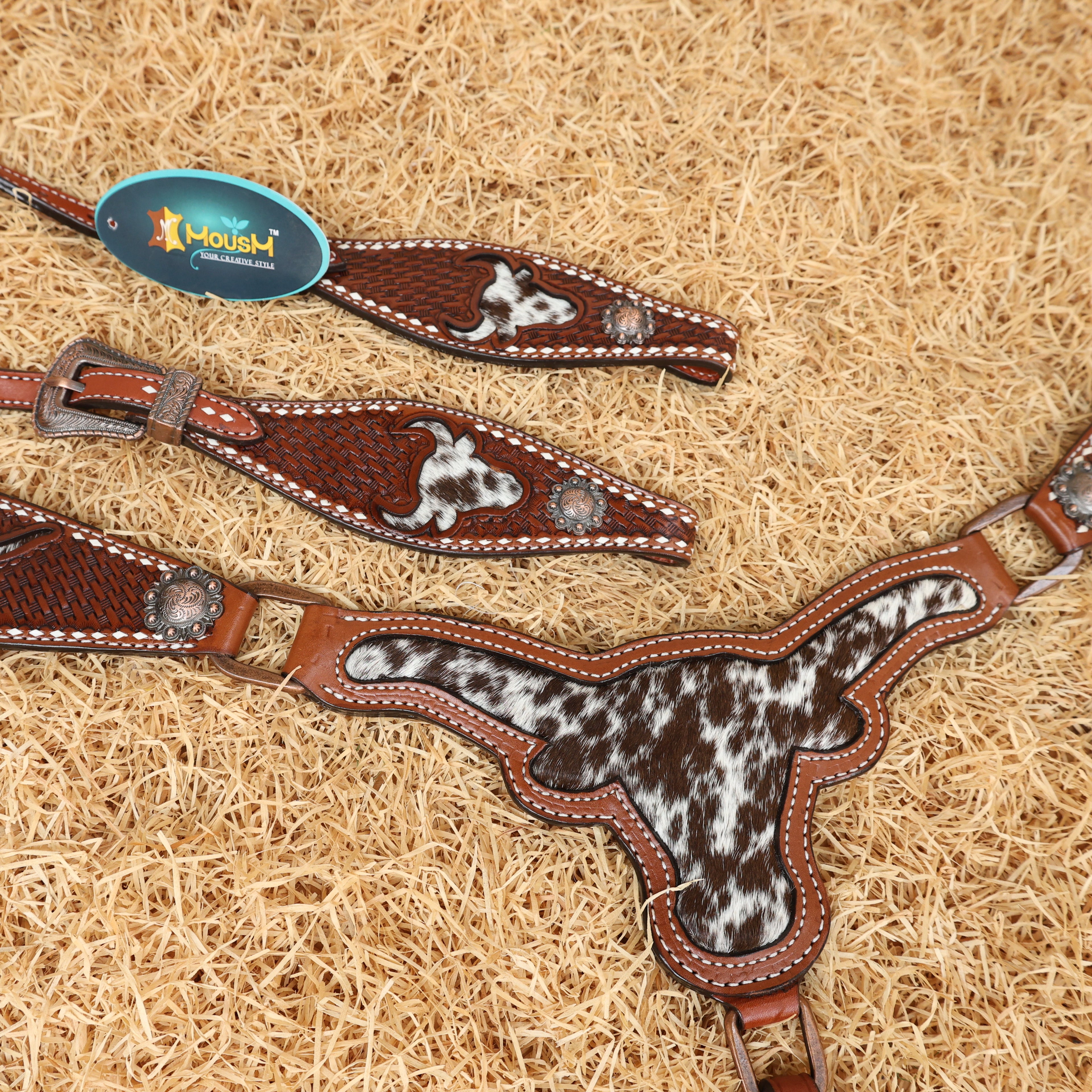 MOUSM Western Breast Collar and Headstall Set - Made from Argentina Cow Leather Horse Headstall Set Decorated with Basket Tooling with Bull Head Cutout & Cowhide Inlay