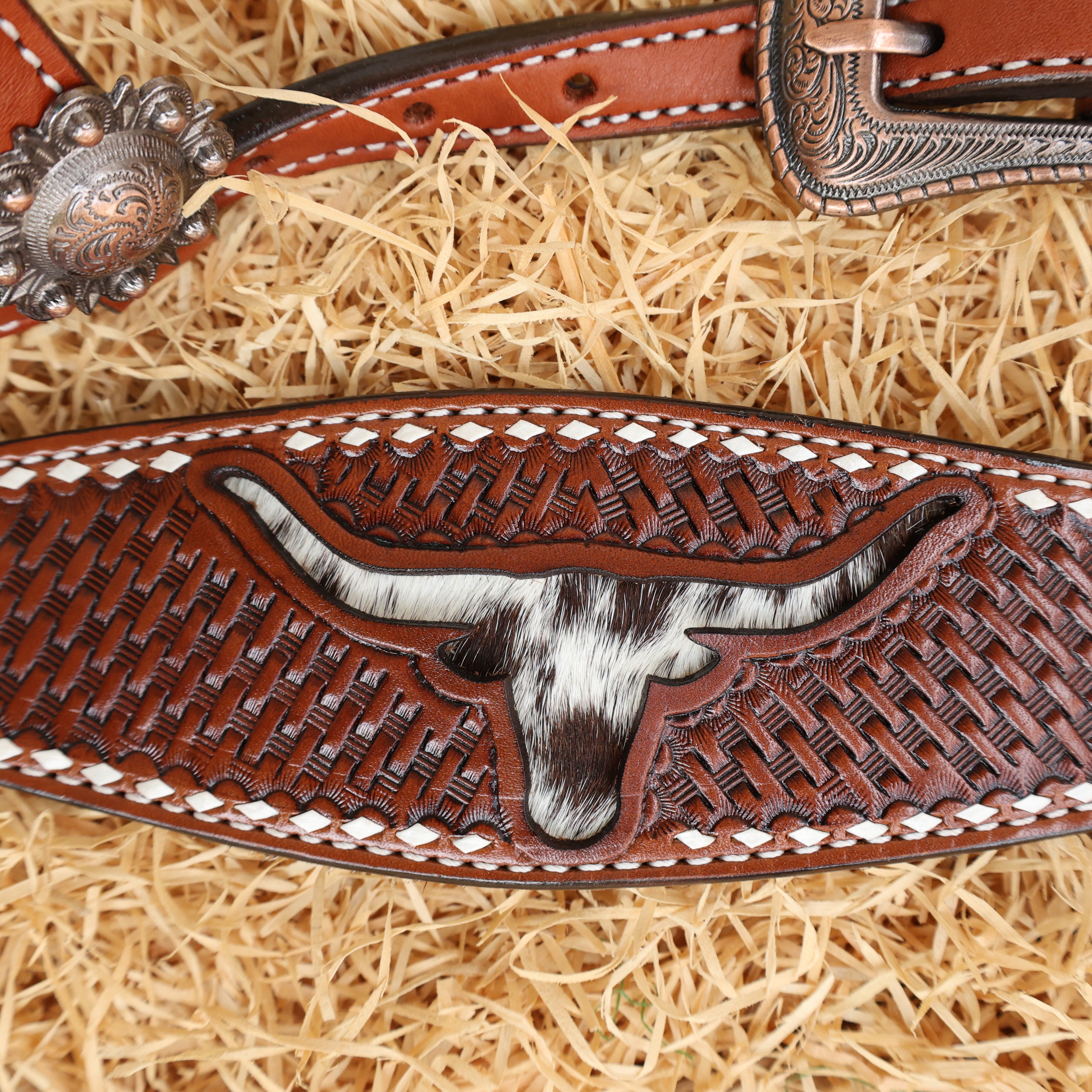 MOUSM Western Breast Collar and Headstall Set - Made from Argentina Cow Leather Horse Headstall Set Decorated with Basket Tooling with Bull Head Cutout & Cowhide Inlay