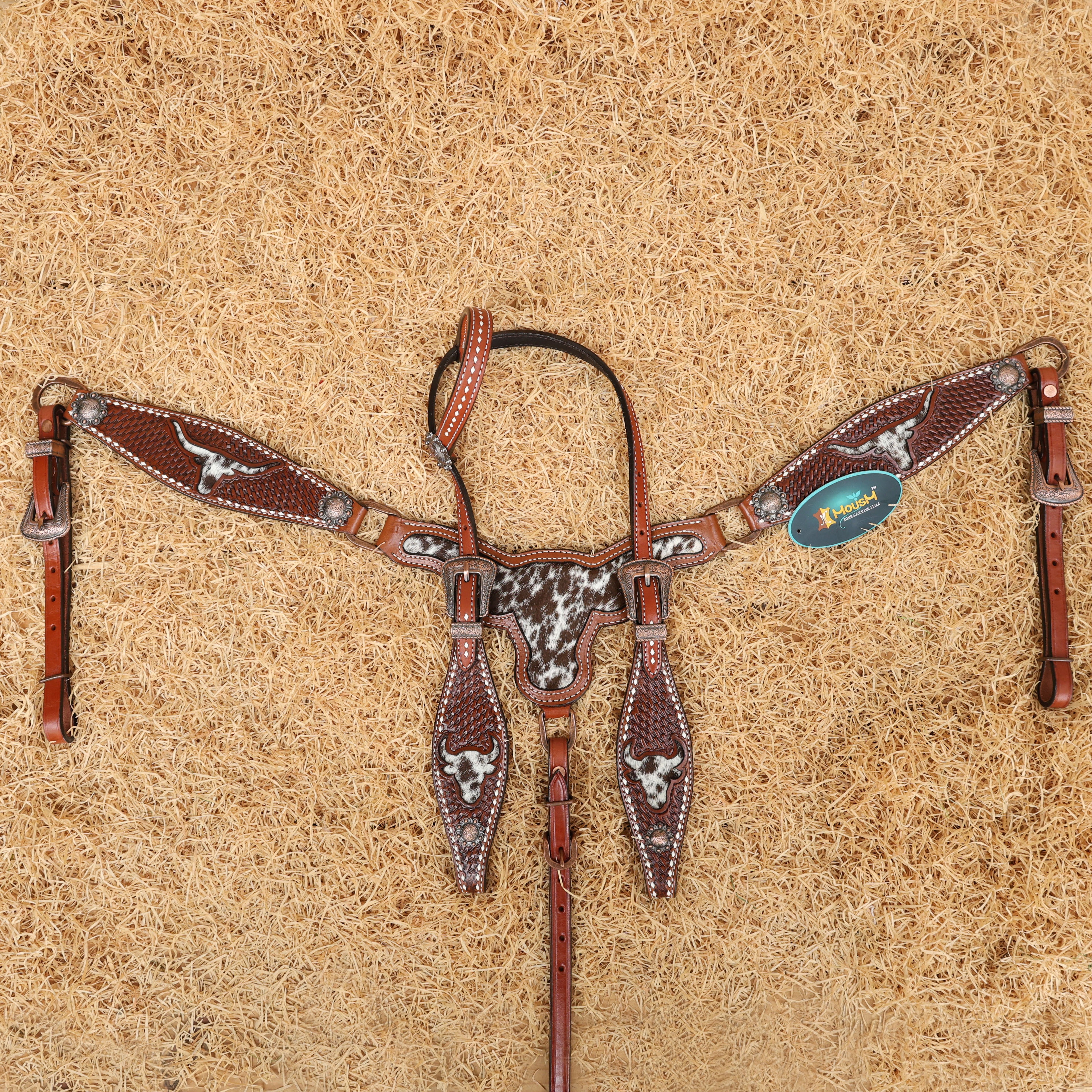 MOUSM Western Breast Collar and Headstall Set - Made from Argentina Cow Leather Horse Headstall Set Decorated with Basket Tooling with Bull Head Cutout & Cowhide Inlay