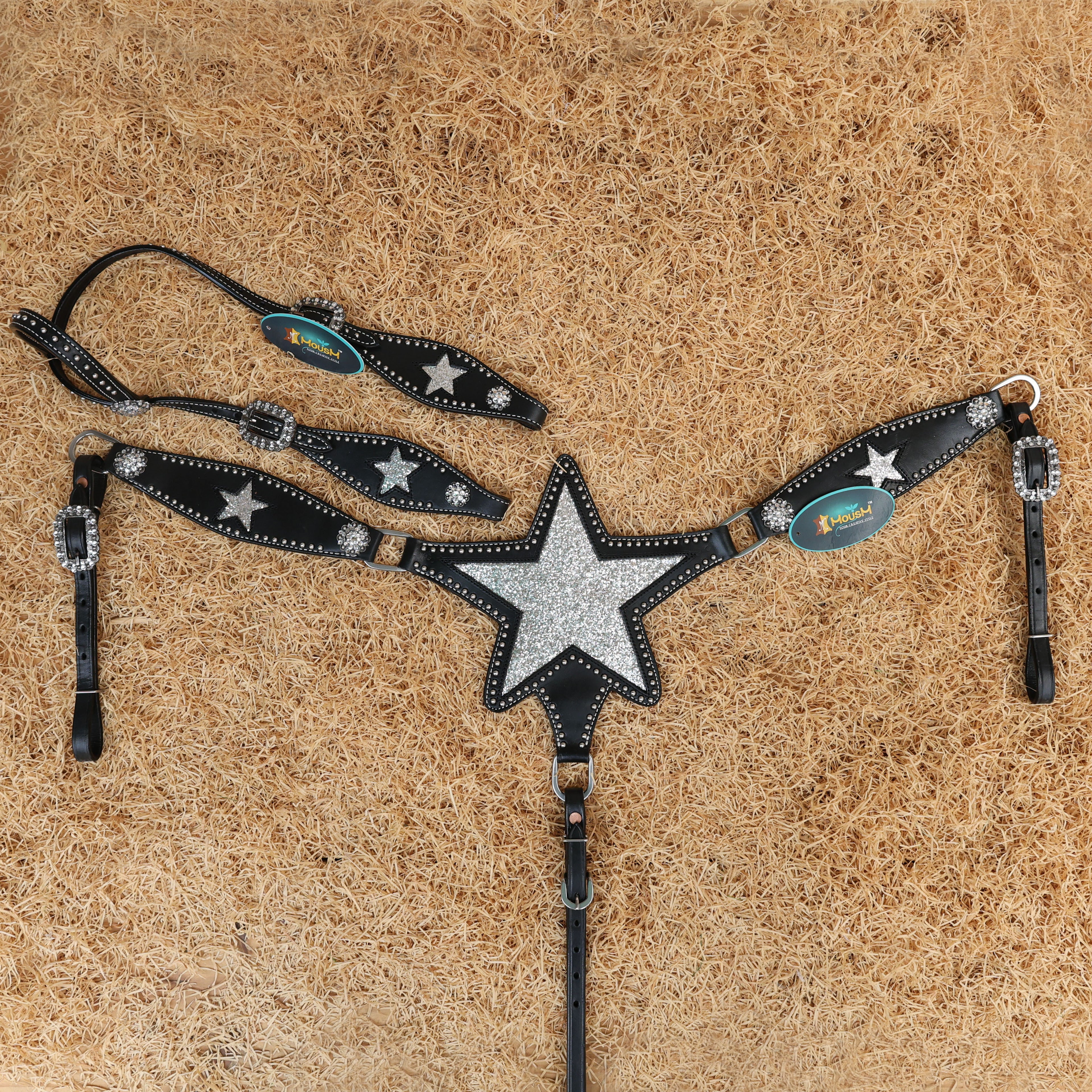 MOUSM Western Leather Headstall & Breast Collar Set – Decorated with Sparkle Star Design with Silver Studs & Clear Berry Conchos, Gladiator-Patterned Breast Collar with Star-Shaped Center and Sparkling Inlay