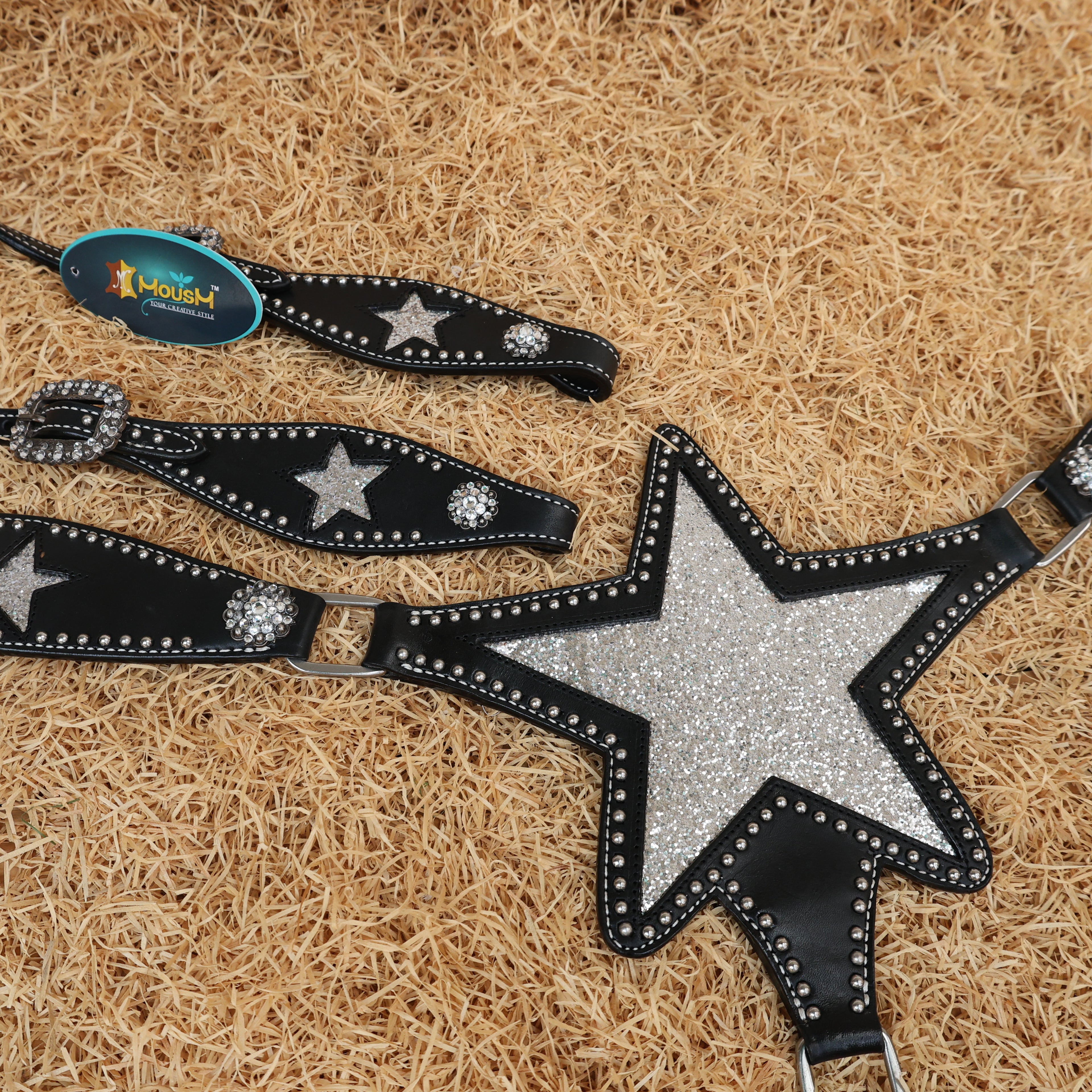 MOUSM Western Leather Headstall & Breast Collar Set – Decorated with Sparkle Star Design with Silver Studs & Clear Berry Conchos, Gladiator-Patterned Breast Collar with Star-Shaped Center and Sparkling Inlay