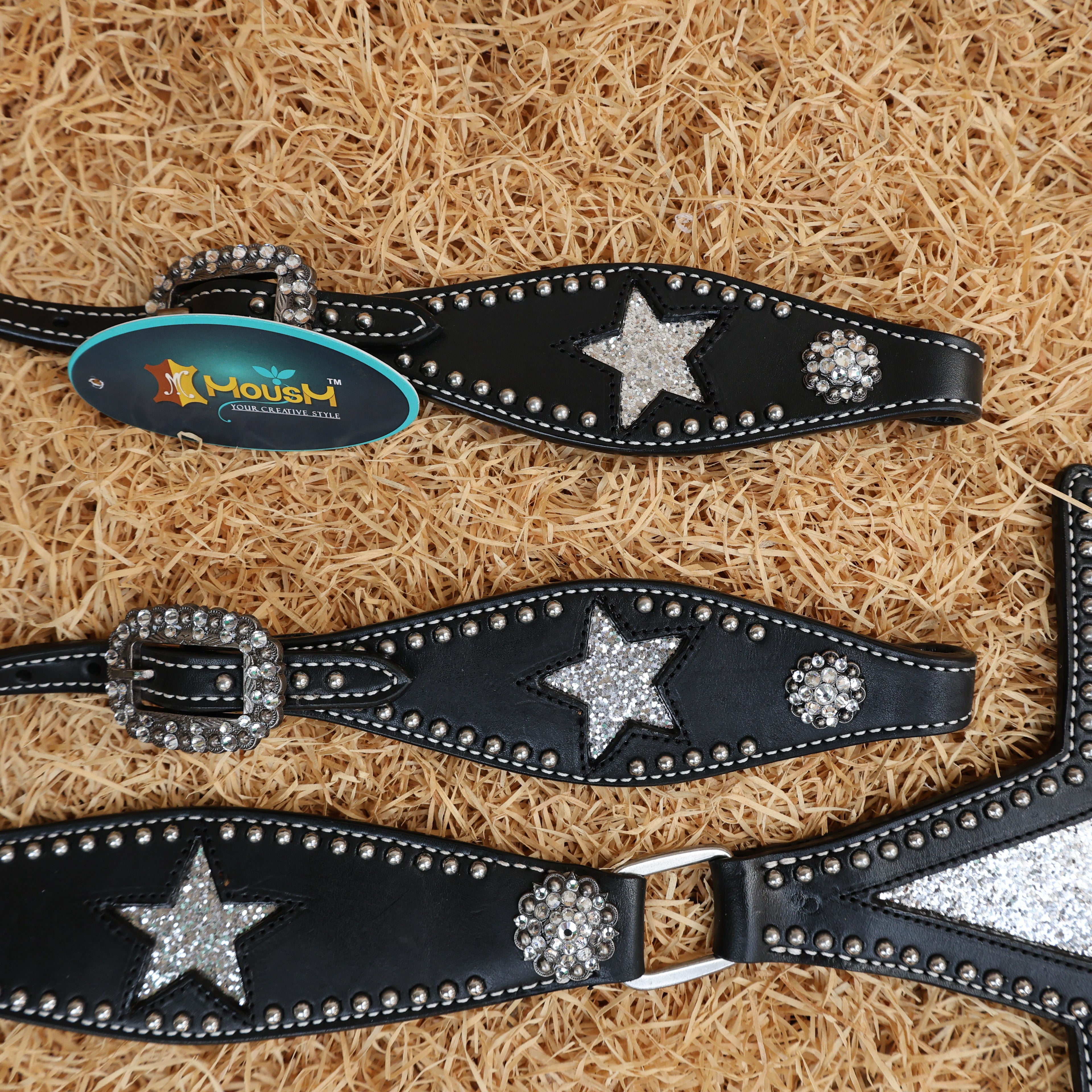 MOUSM Western Leather Headstall & Breast Collar Set – Decorated with Sparkle Star Design with Silver Studs & Clear Berry Conchos, Gladiator-Patterned Breast Collar with Star-Shaped Center and Sparkling Inlay