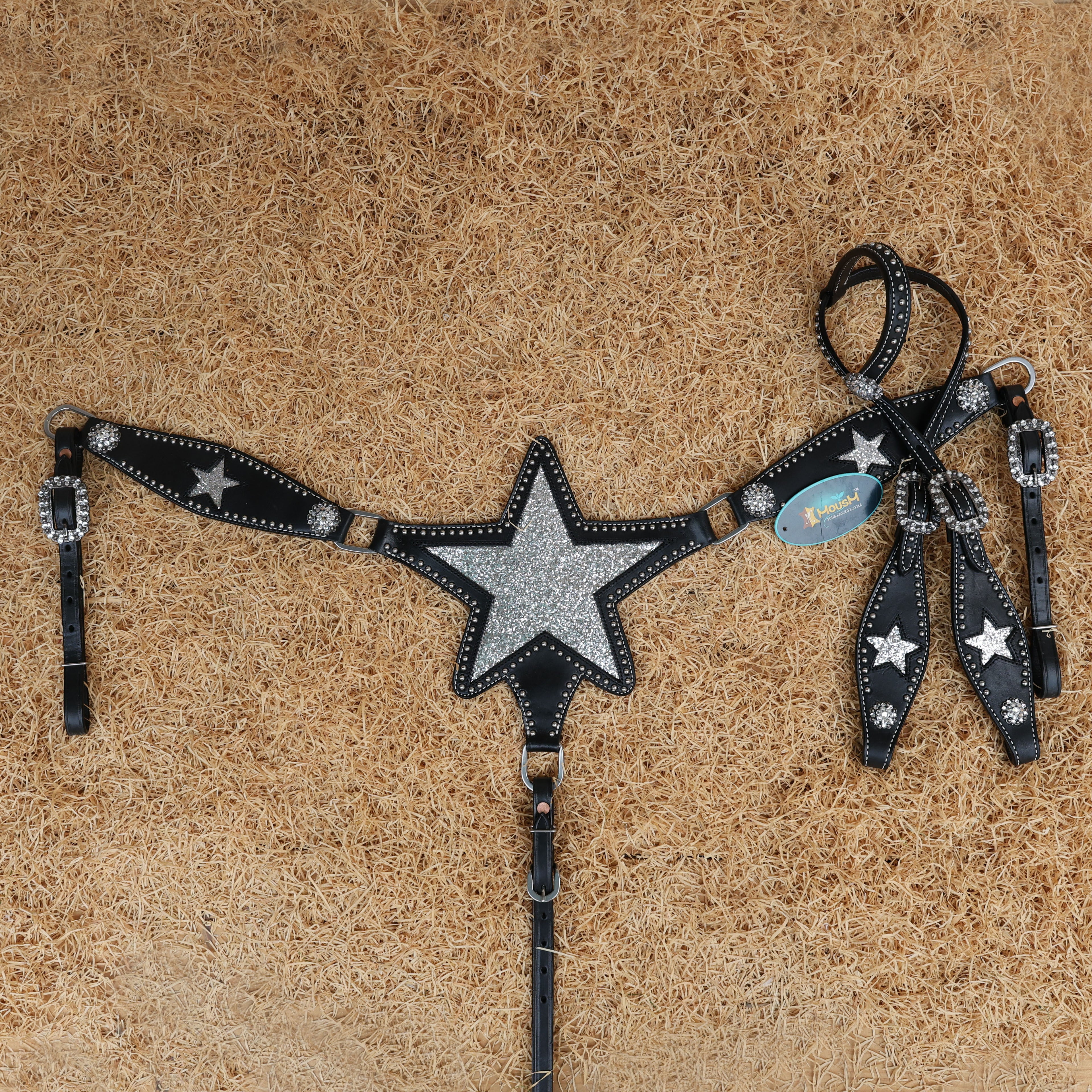 MOUSM Western Leather Headstall & Breast Collar Set – Decorated with Sparkle Star Design with Silver Studs & Clear Berry Conchos, Gladiator-Patterned Breast Collar with Star-Shaped Center and Sparkling Inlay