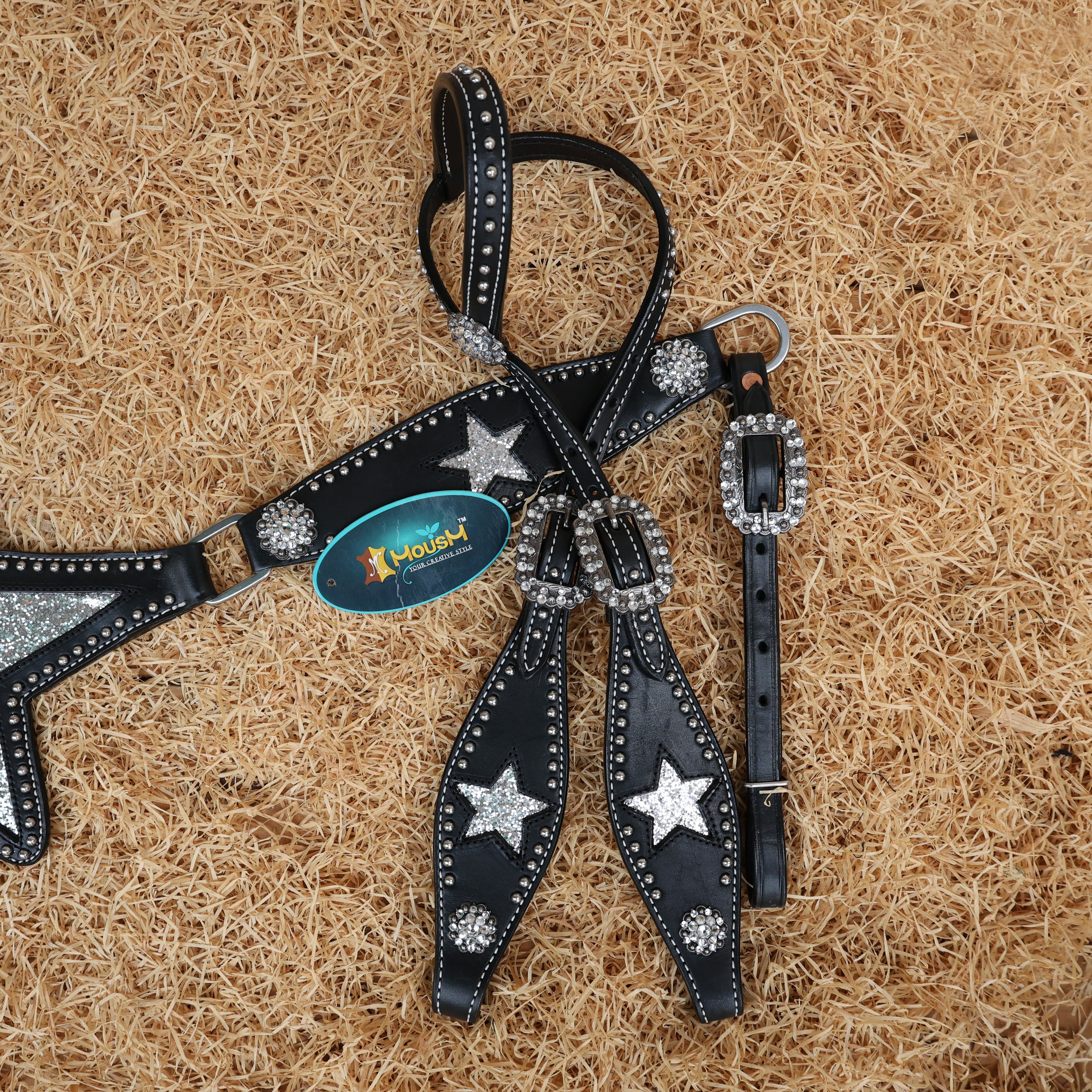 MOUSM Western Leather Headstall & Breast Collar Set – Decorated with Sparkle Star Design with Silver Studs & Clear Berry Conchos, Gladiator-Patterned Breast Collar with Star-Shaped Center and Sparkling Inlay
