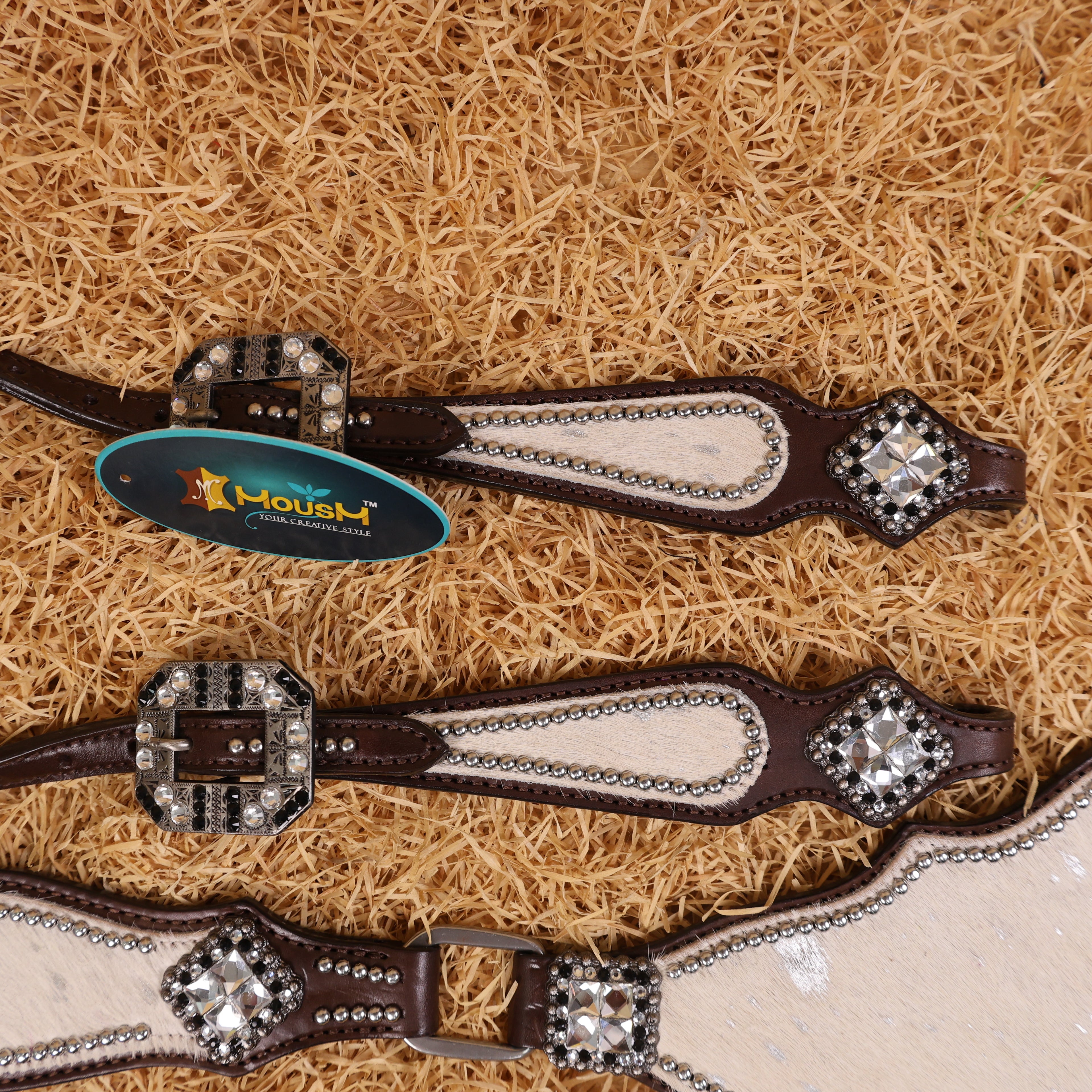 MOUSM Western Headstall & Breast Collar Set – Made with Genuine Argentina Cow Leather Decorated Middle Leather Patch with White Silver Metallic Acid Wash Cowhide