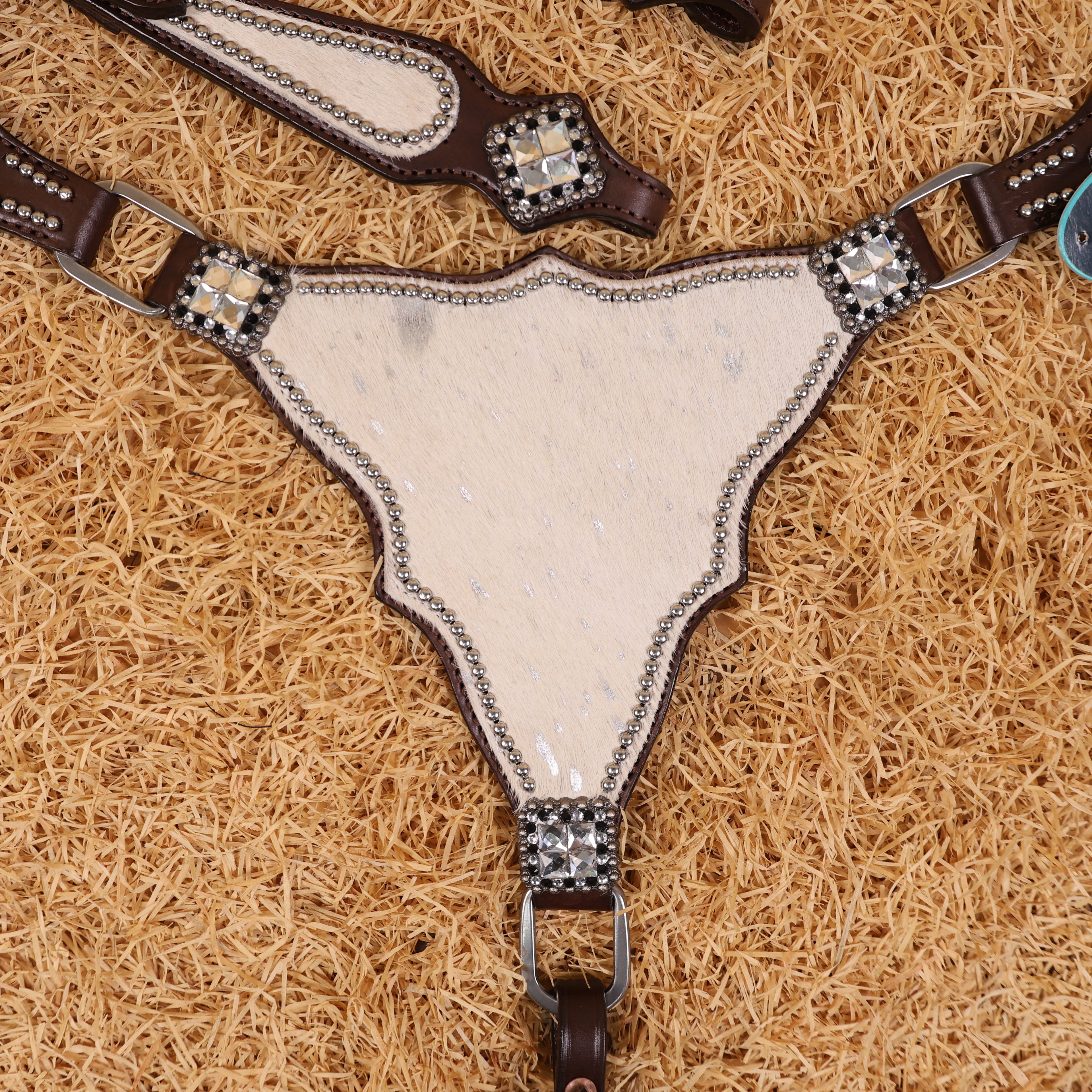 MOUSM Western Headstall & Breast Collar Set – Made with Genuine Argentina Cow Leather Decorated Middle Leather Patch with White Silver Metallic Acid Wash Cowhide