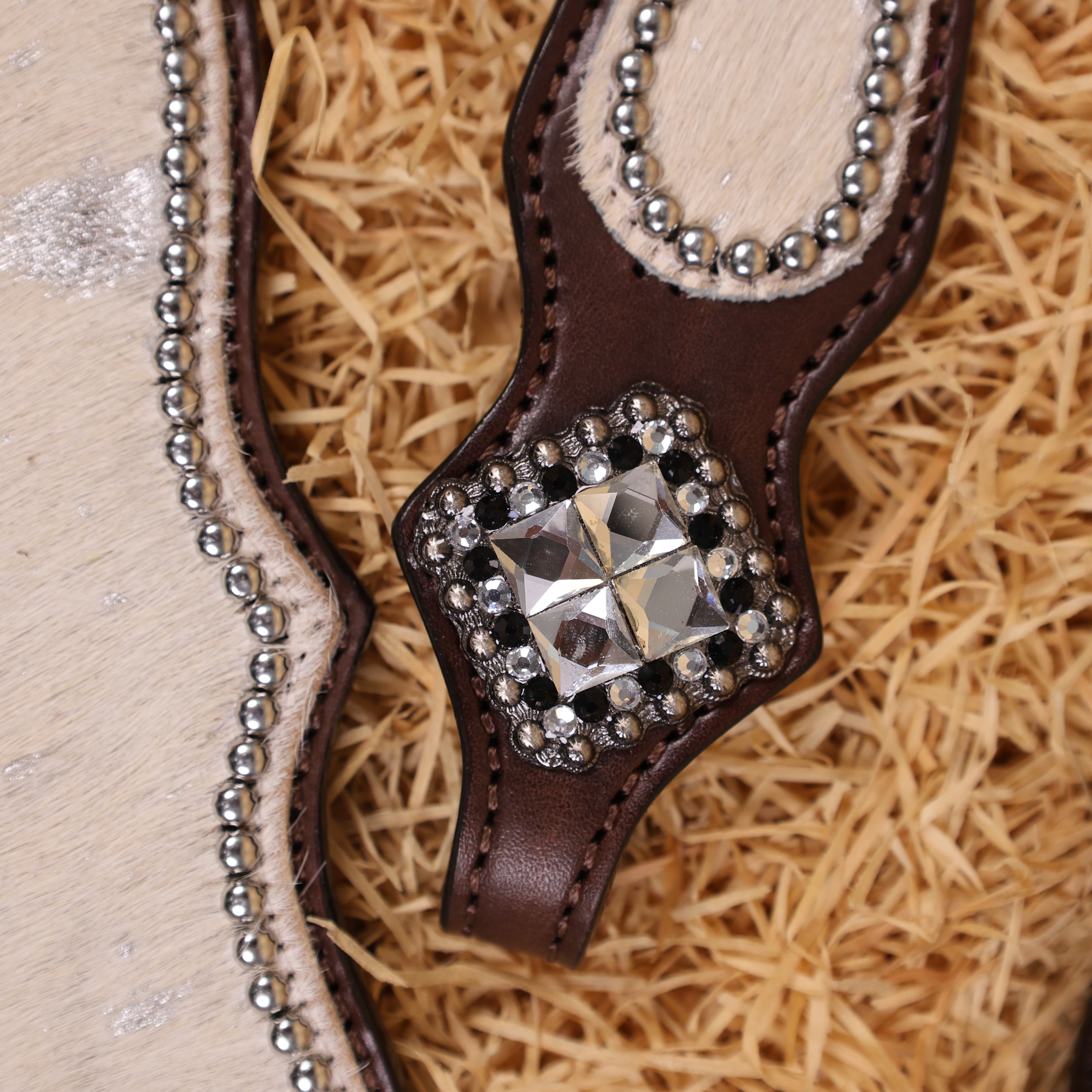 MOUSM Western Headstall & Breast Collar Set – Made with Genuine Argentina Cow Leather Decorated Middle Leather Patch with White Silver Metallic Acid Wash Cowhide